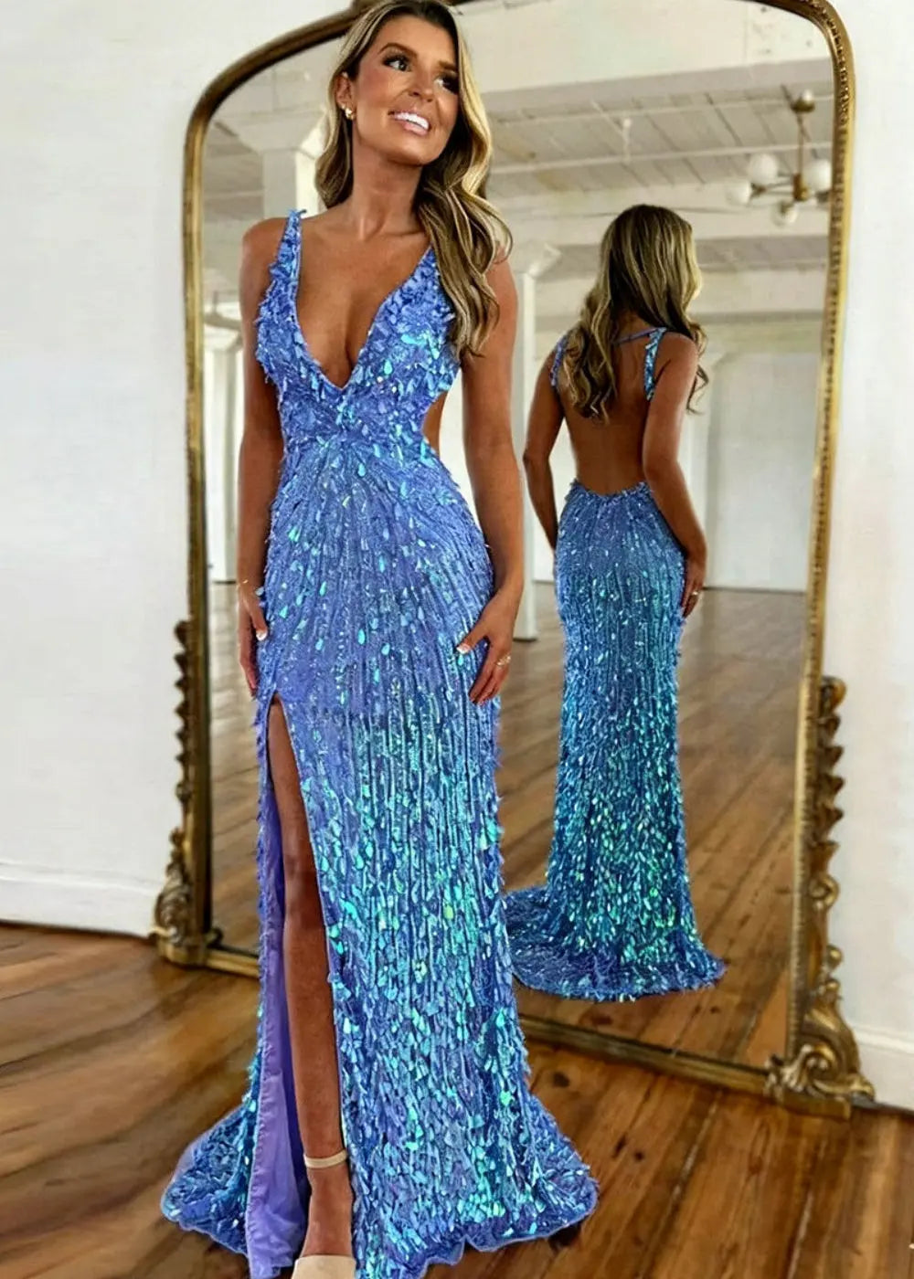 All-Sequined Deep V-Neck Mermaid Prom Dress SH351 Sheer Fairy