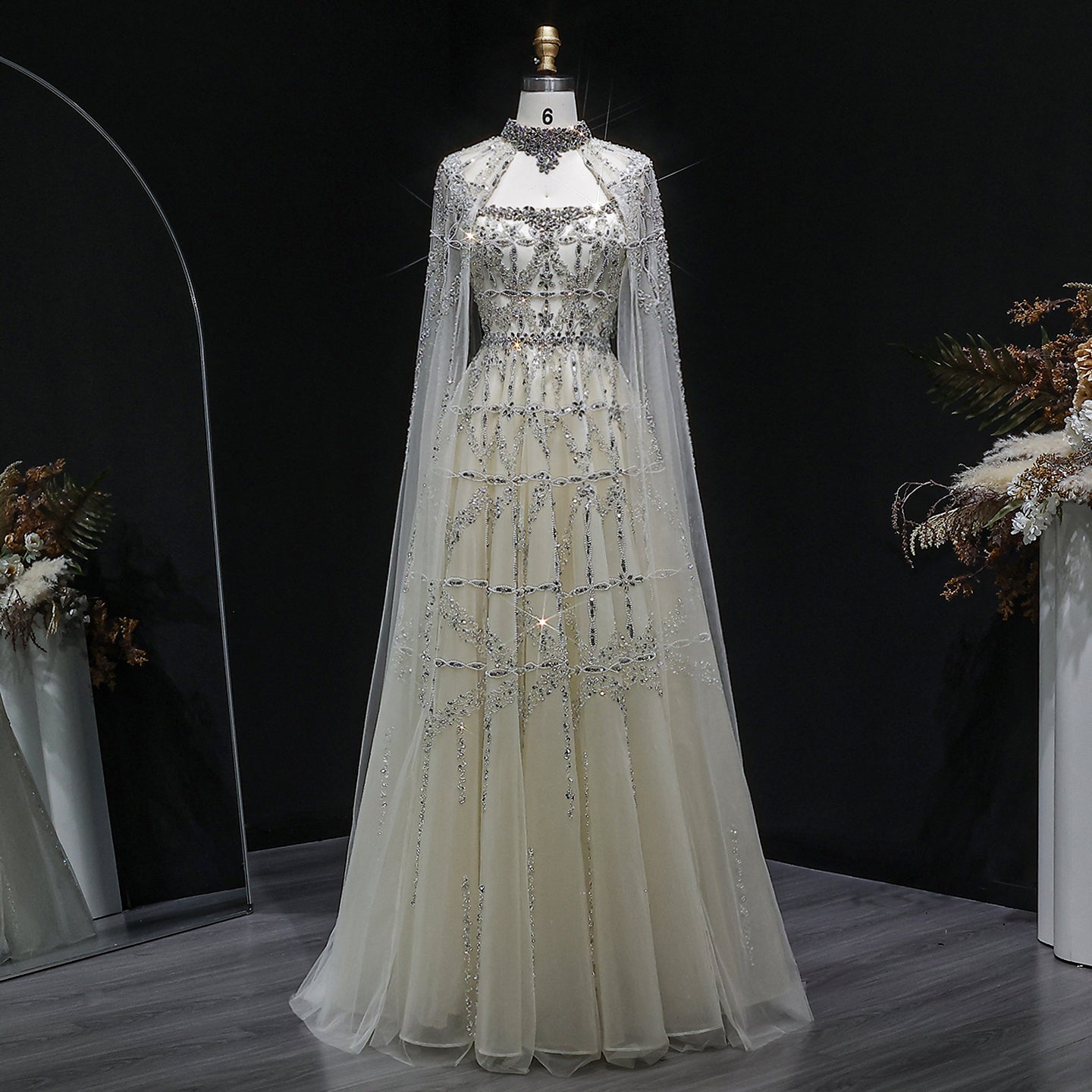 Luxury Cream Beaded A-Line Evening Gown with Sheer Cape SS486 Sheer Fairy