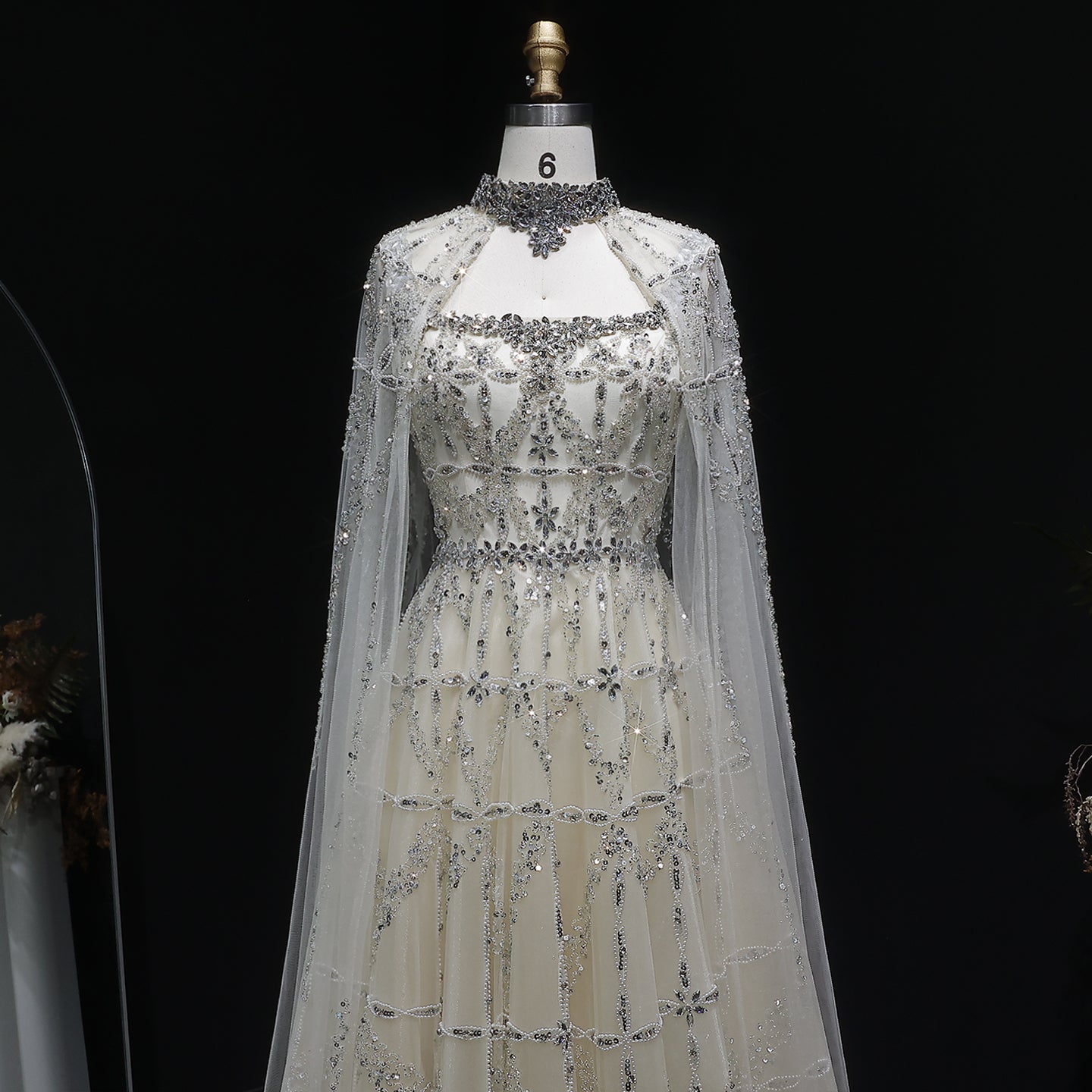 Luxury Cream Beaded A-Line Evening Gown with Sheer Cape SS486 Sheer Fairy