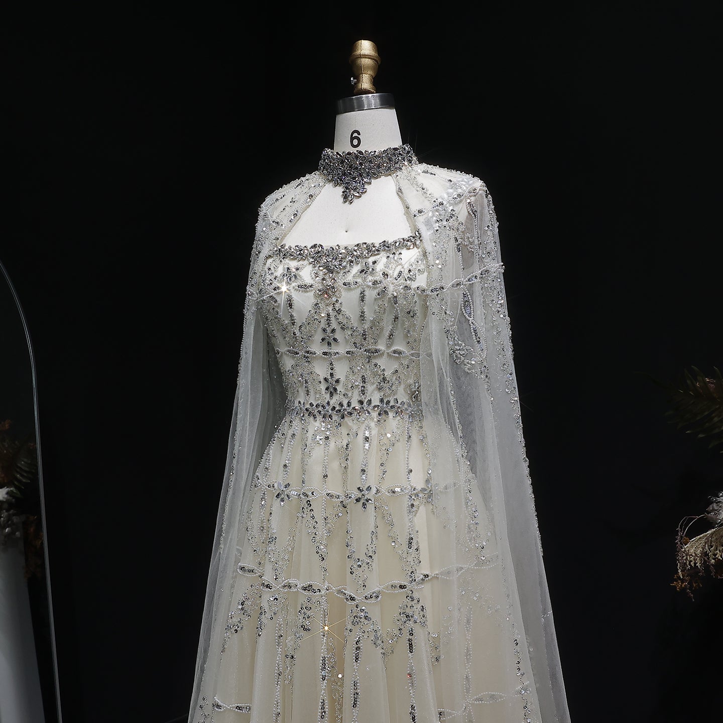 Luxury Cream Beaded A-Line Evening Gown with Sheer Cape SS486 Sheer Fairy