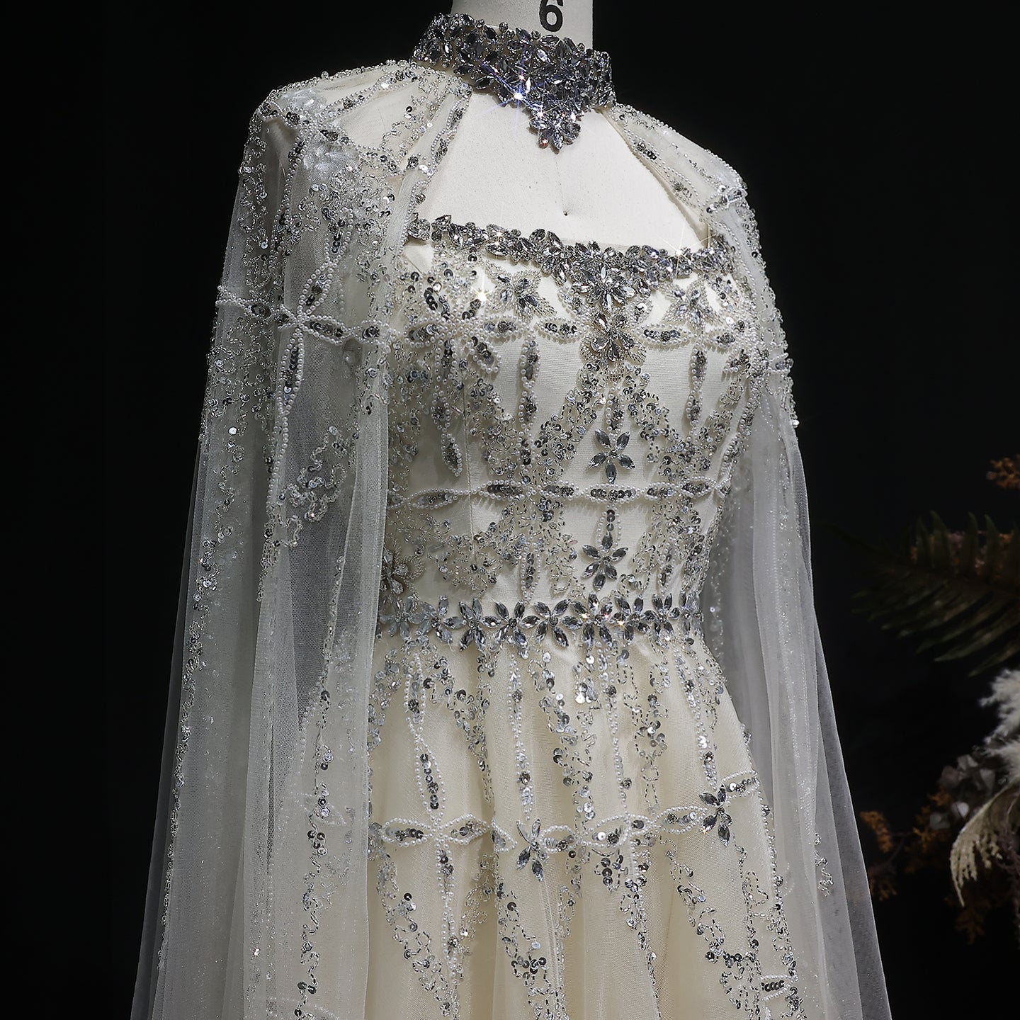 Luxury Cream Beaded A-Line Evening Gown with Sheer Cape SS486 Sheer Fairy