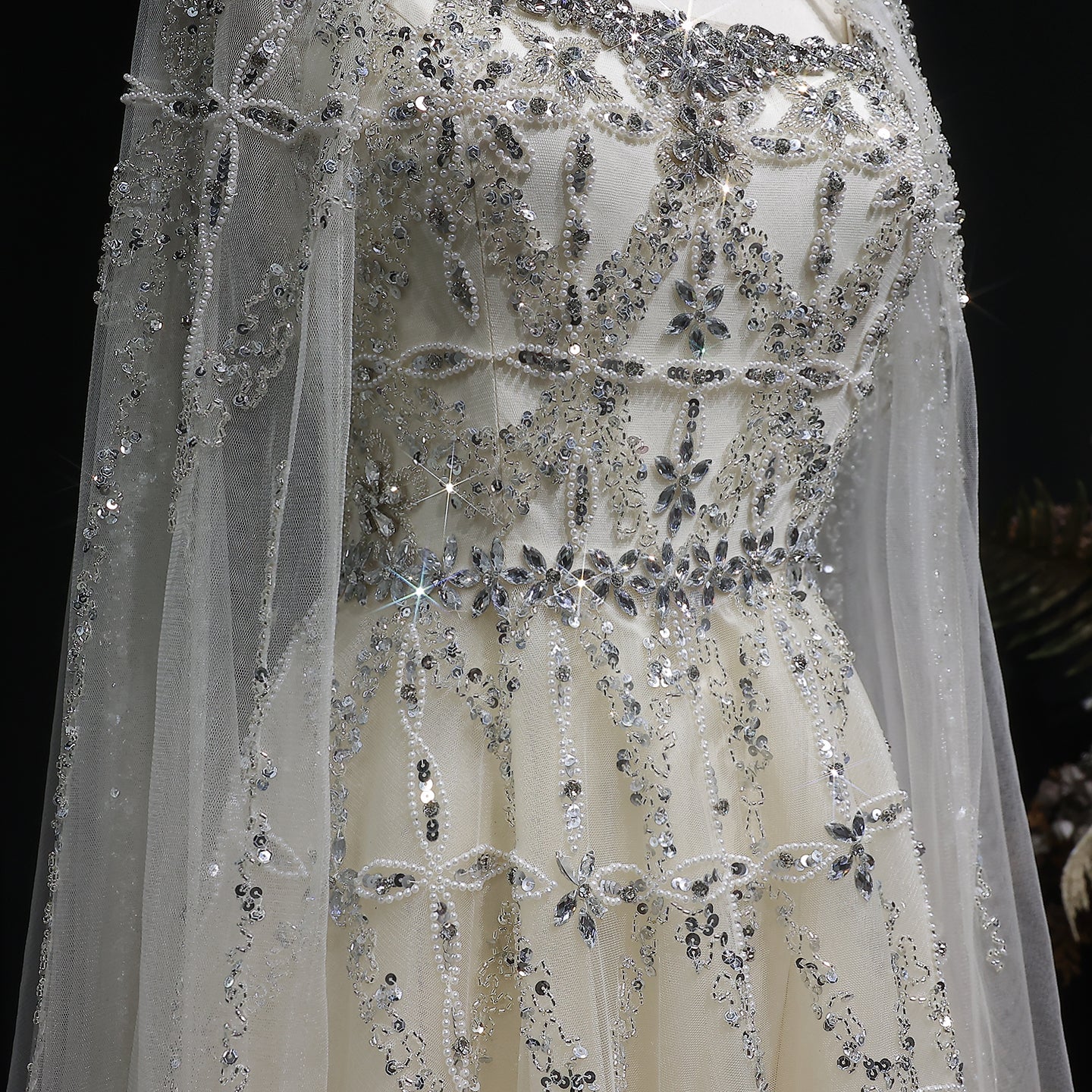 Luxury Cream Beaded A-Line Evening Gown with Sheer Cape SS486 Sheer Fairy