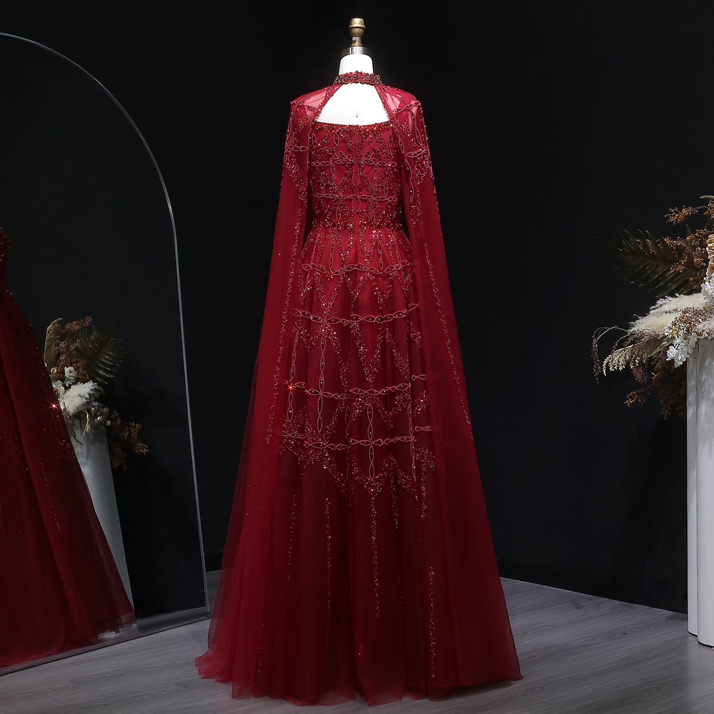 Luxury Cream Beaded A-Line Evening Gown with Sheer Cape SS486 Sheer Fairy