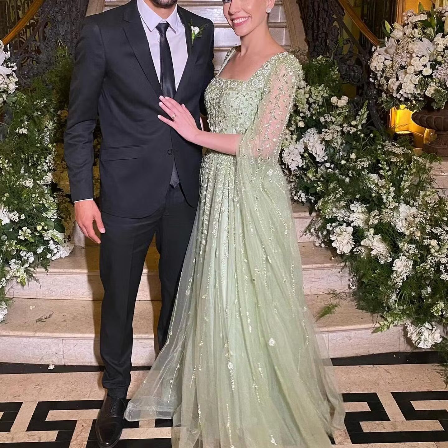 Luxury Caramel Beaded Cape Sleeve A-Line Evening Gown with Square Neck SS494 Sheer Fairy