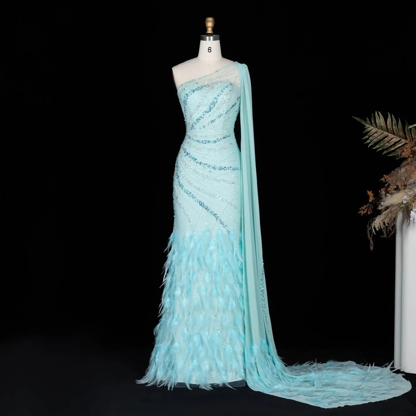 Turquoise One-Shoulder Mermaid Evening Dress with Beading & Feather SS498 Sheer Fairy