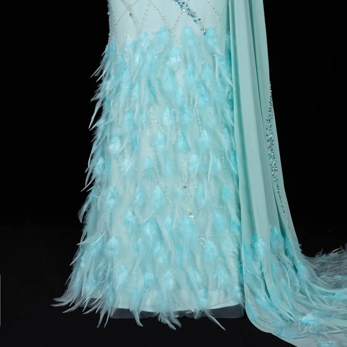 Turquoise One-Shoulder Mermaid Evening Dress with Beading & Feather SS498 Sheer Fairy