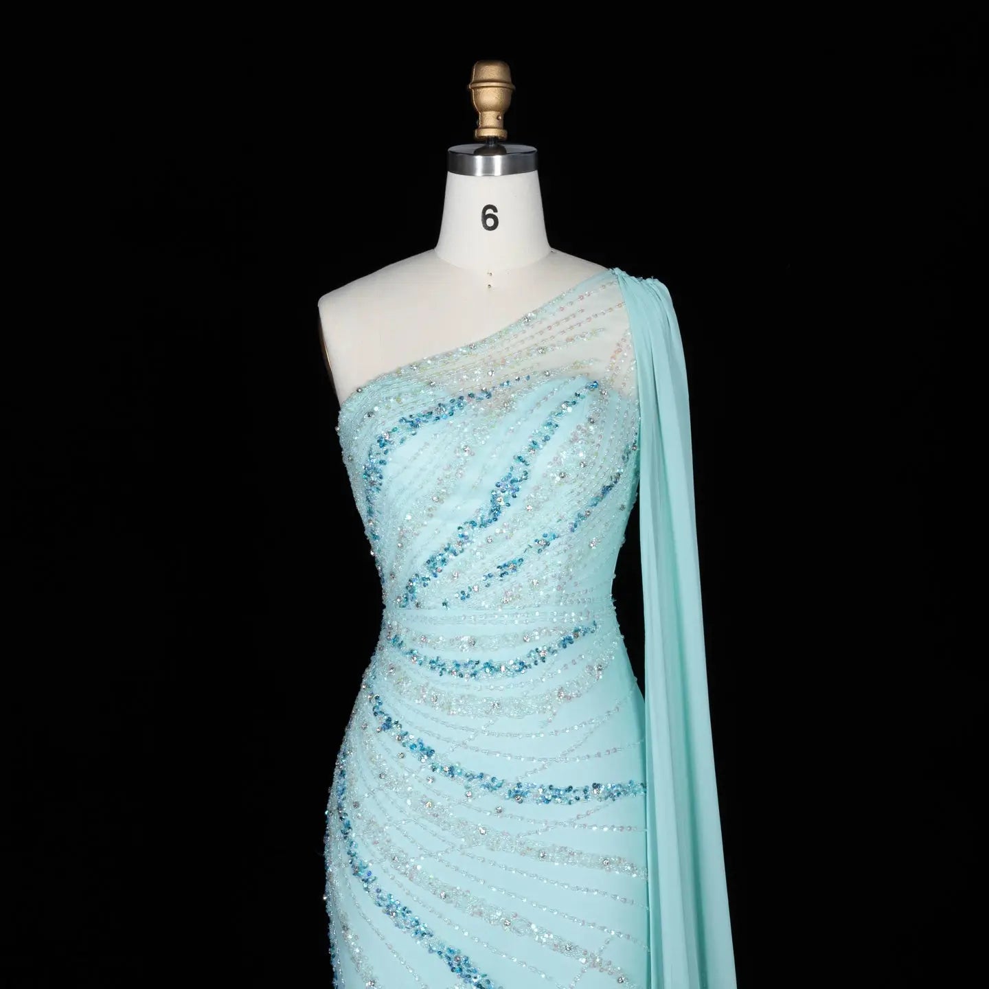 Turquoise One-Shoulder Mermaid Evening Dress with Beading & Feather SS498 Sheer Fairy