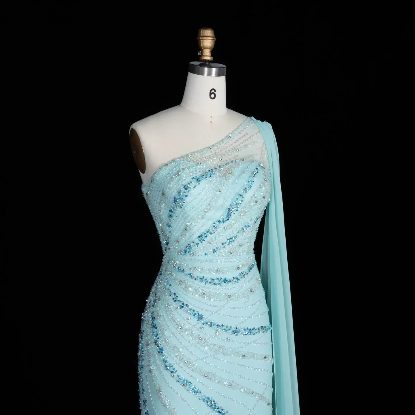 Turquoise One-Shoulder Mermaid Evening Dress with Beading & Feather SS498 Sheer Fairy