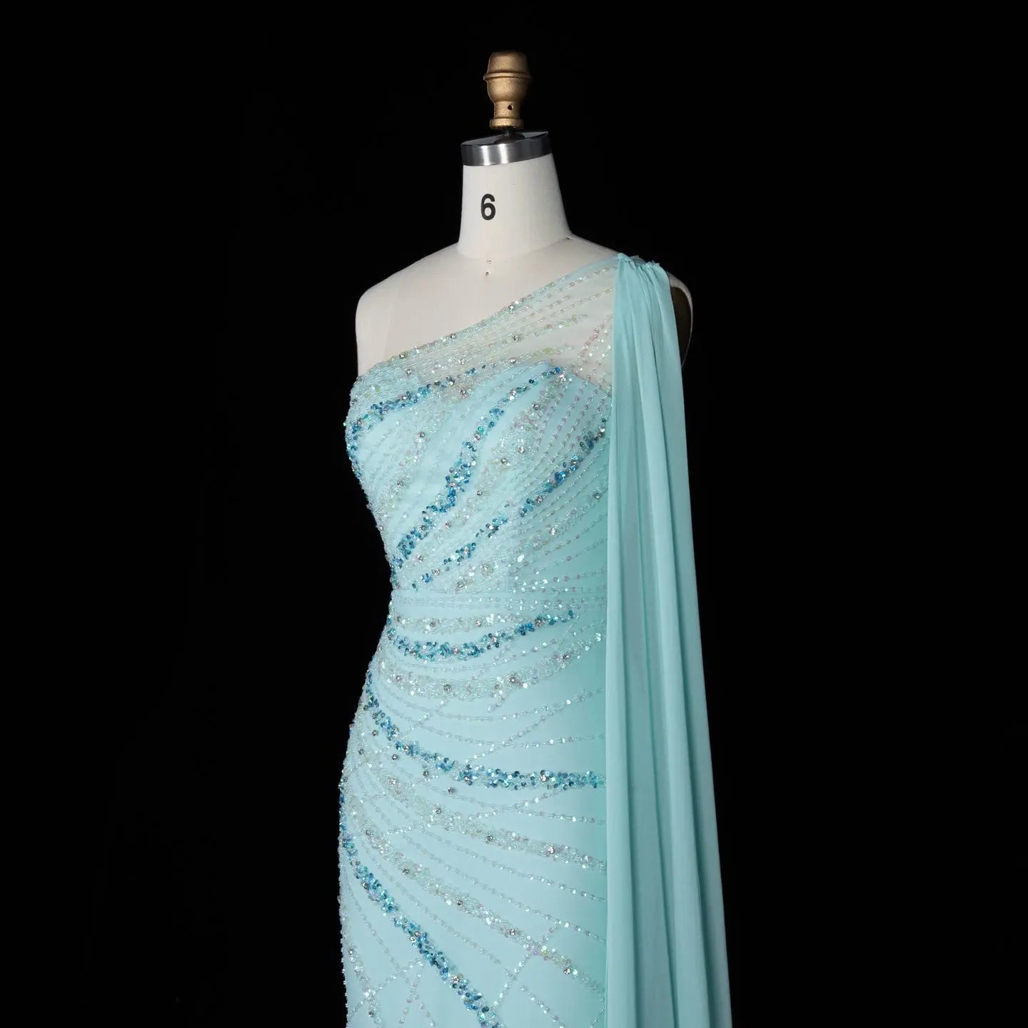 Turquoise One-Shoulder Mermaid Evening Dress with Beading & Feather SS498 Sheer Fairy