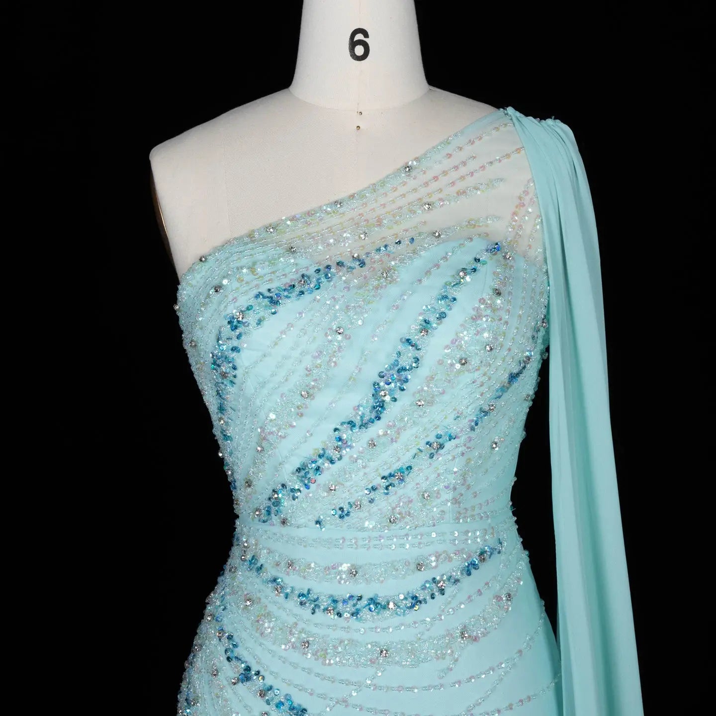 Turquoise One-Shoulder Mermaid Evening Dress with Beading & Feather SS498 Sheer Fairy
