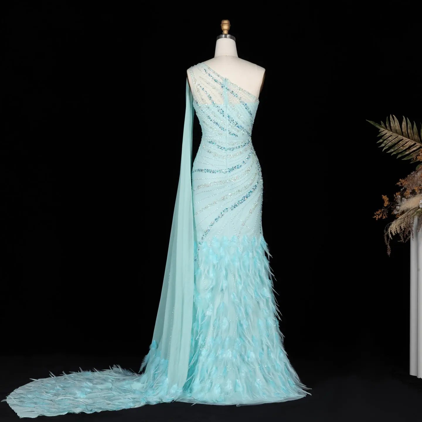 Turquoise One-Shoulder Mermaid Evening Dress with Beading & Feather SS498 Sheer Fairy