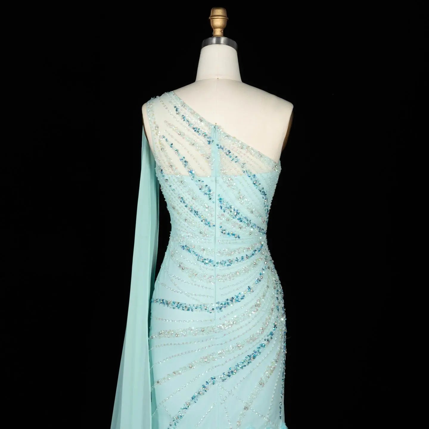 Turquoise One-Shoulder Mermaid Evening Dress with Beading & Feather SS498 Sheer Fairy
