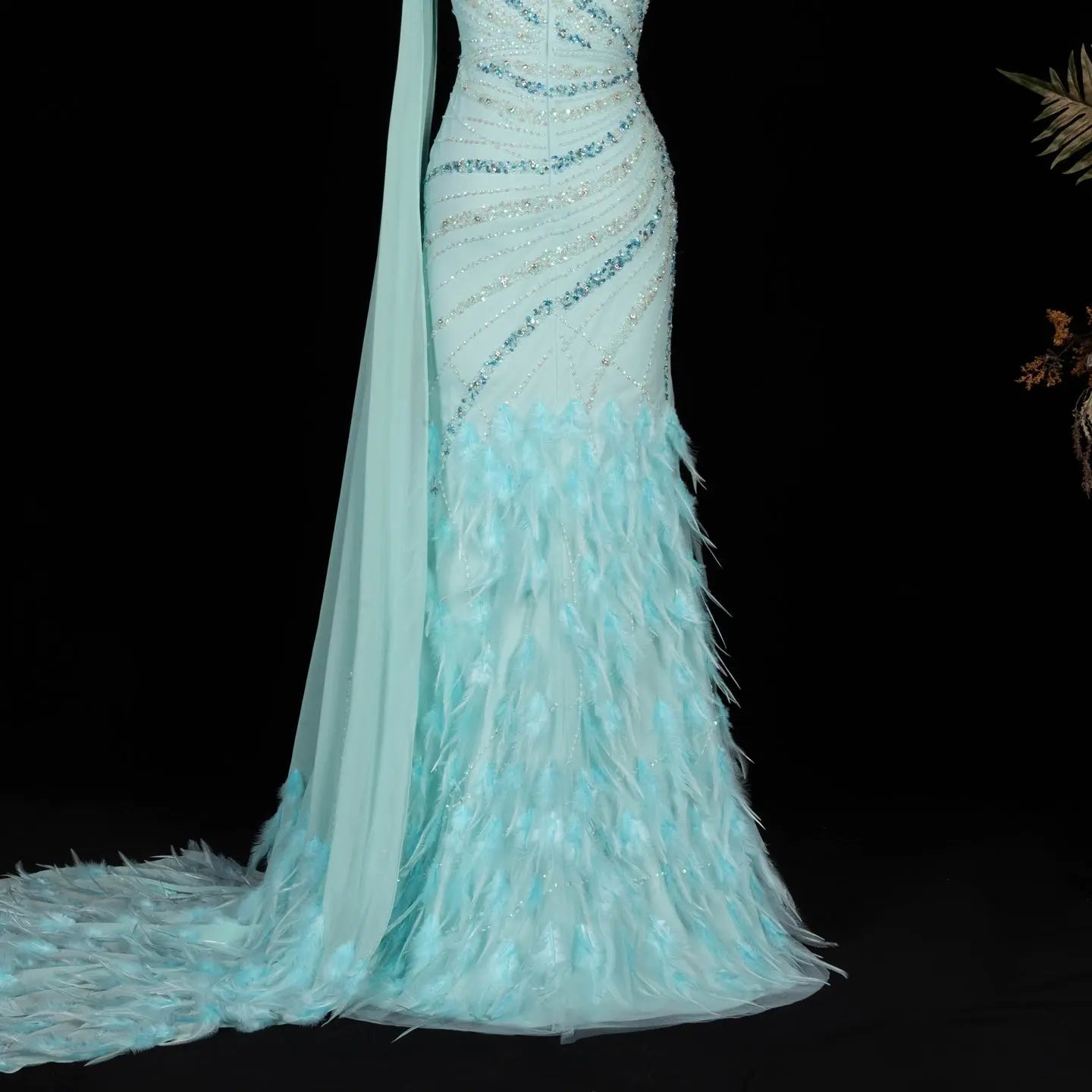 Turquoise One-Shoulder Mermaid Evening Dress with Beading & Feather SS498 Sheer Fairy