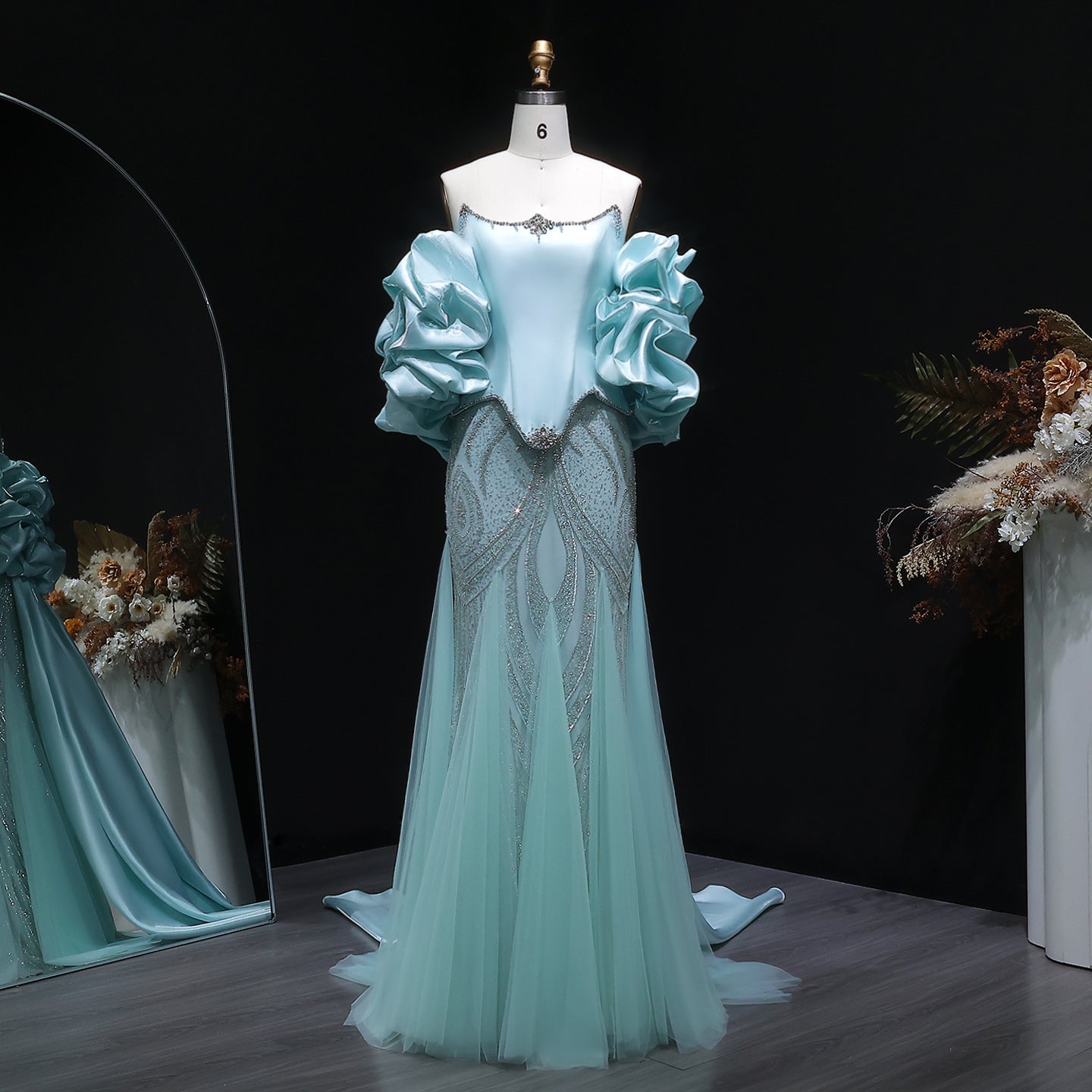 Luxury Aqua Off-the-Shoulder Mermaid Evening Gown with Ruffle Sleeves SS501 Sheer Fairy