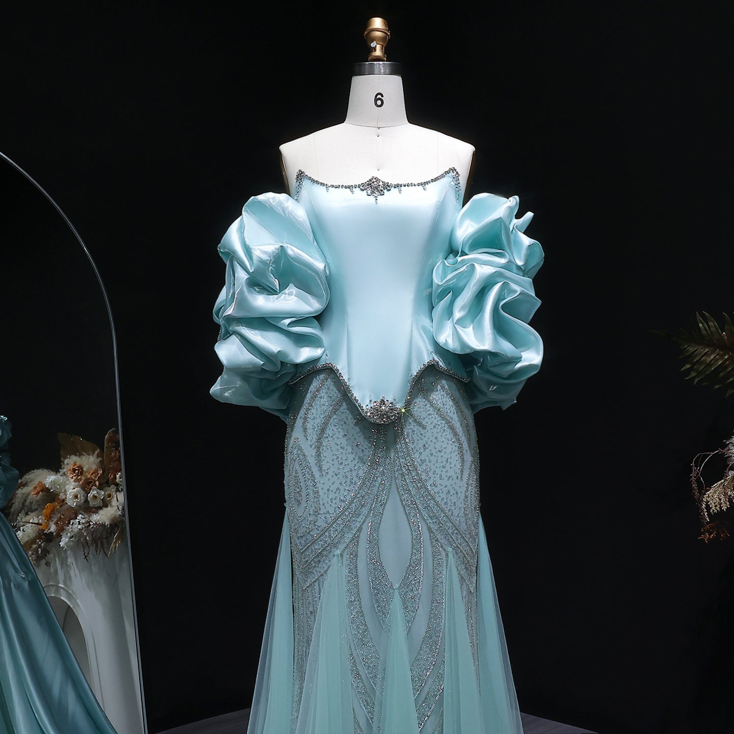 Luxury Aqua Off-the-Shoulder Mermaid Evening Gown with Ruffle Sleeves SS501 Sheer Fairy