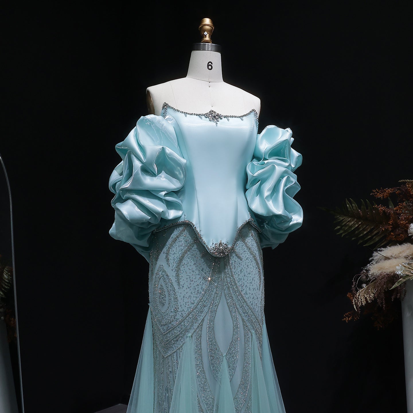 Luxury Aqua Off-the-Shoulder Mermaid Evening Gown with Ruffle Sleeves SS501 Sheer Fairy