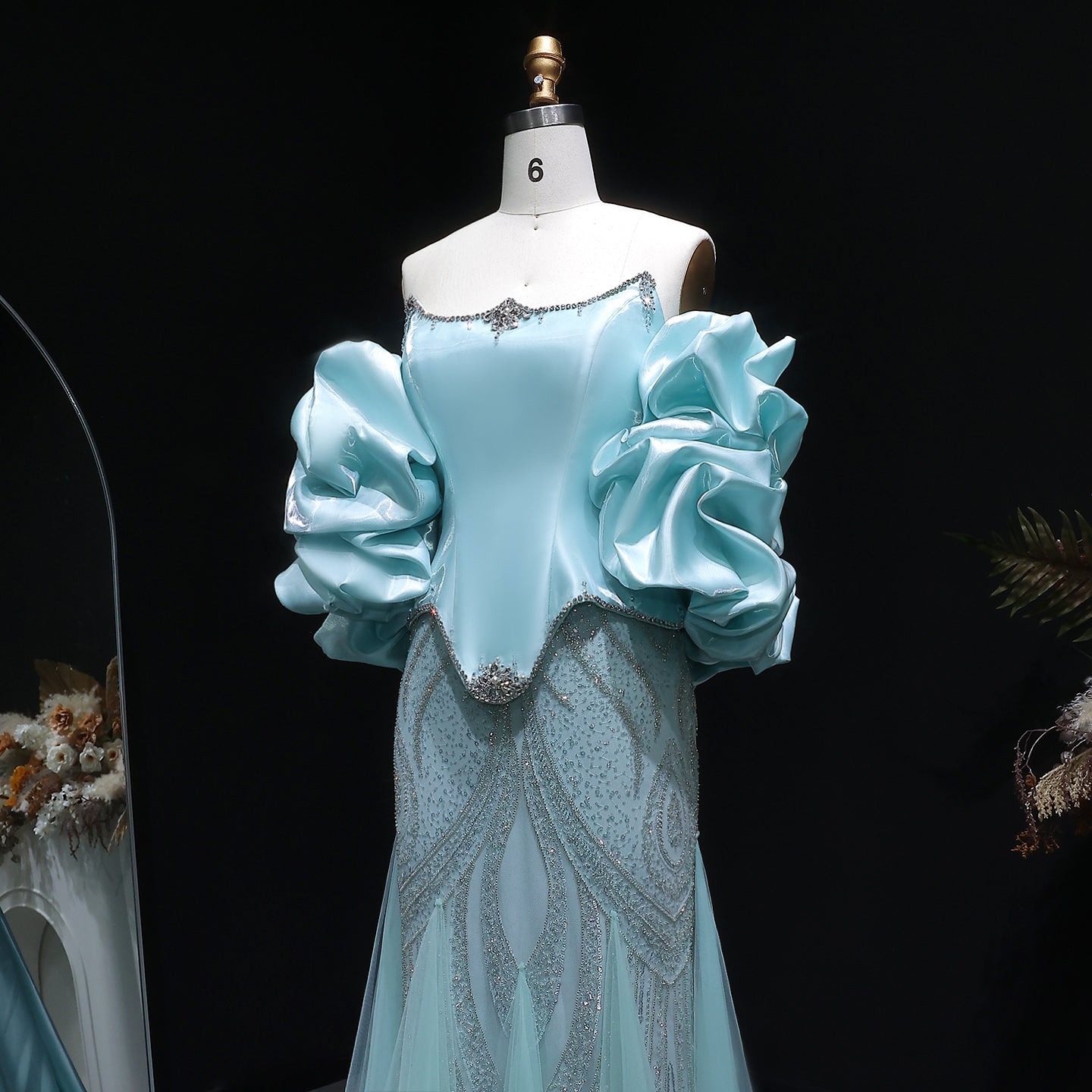 Luxury Aqua Off-the-Shoulder Mermaid Evening Gown with Ruffle Sleeves SS501 Sheer Fairy