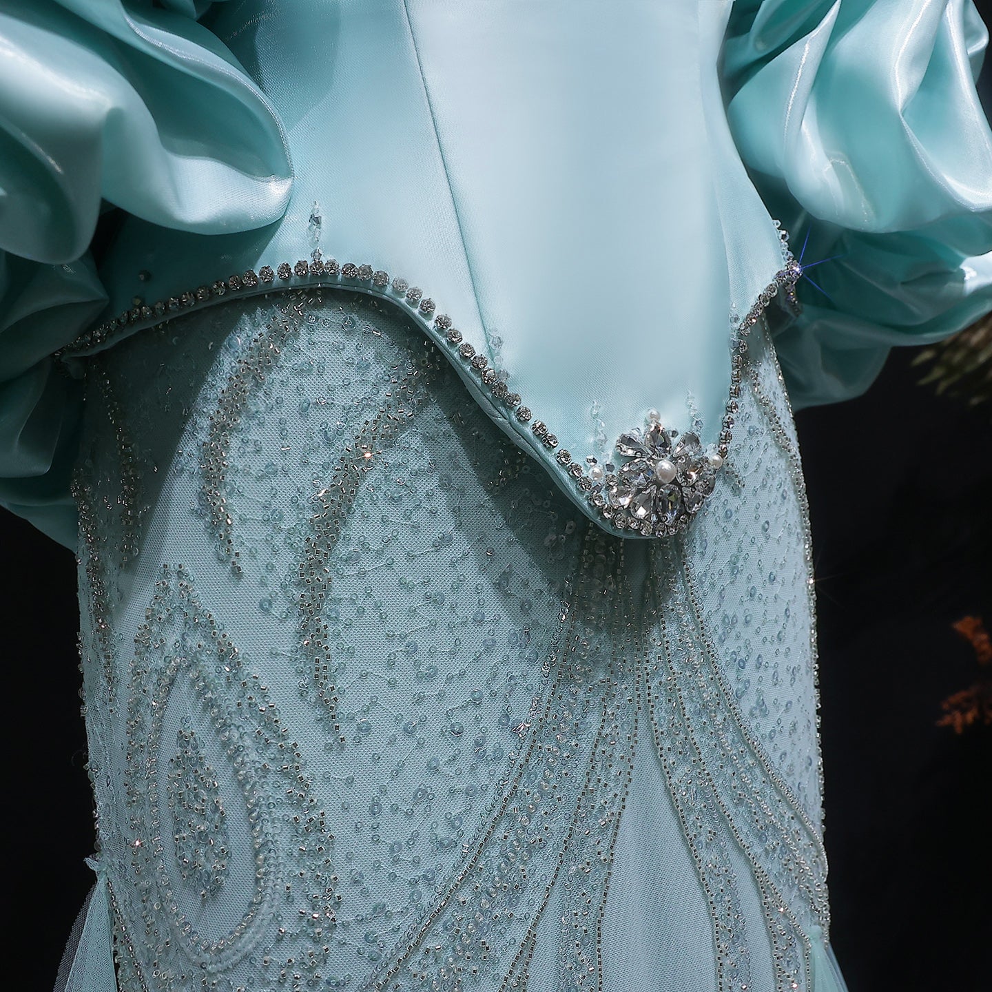 Luxury Aqua Off-the-Shoulder Mermaid Evening Gown with Ruffle Sleeves SS501 Sheer Fairy