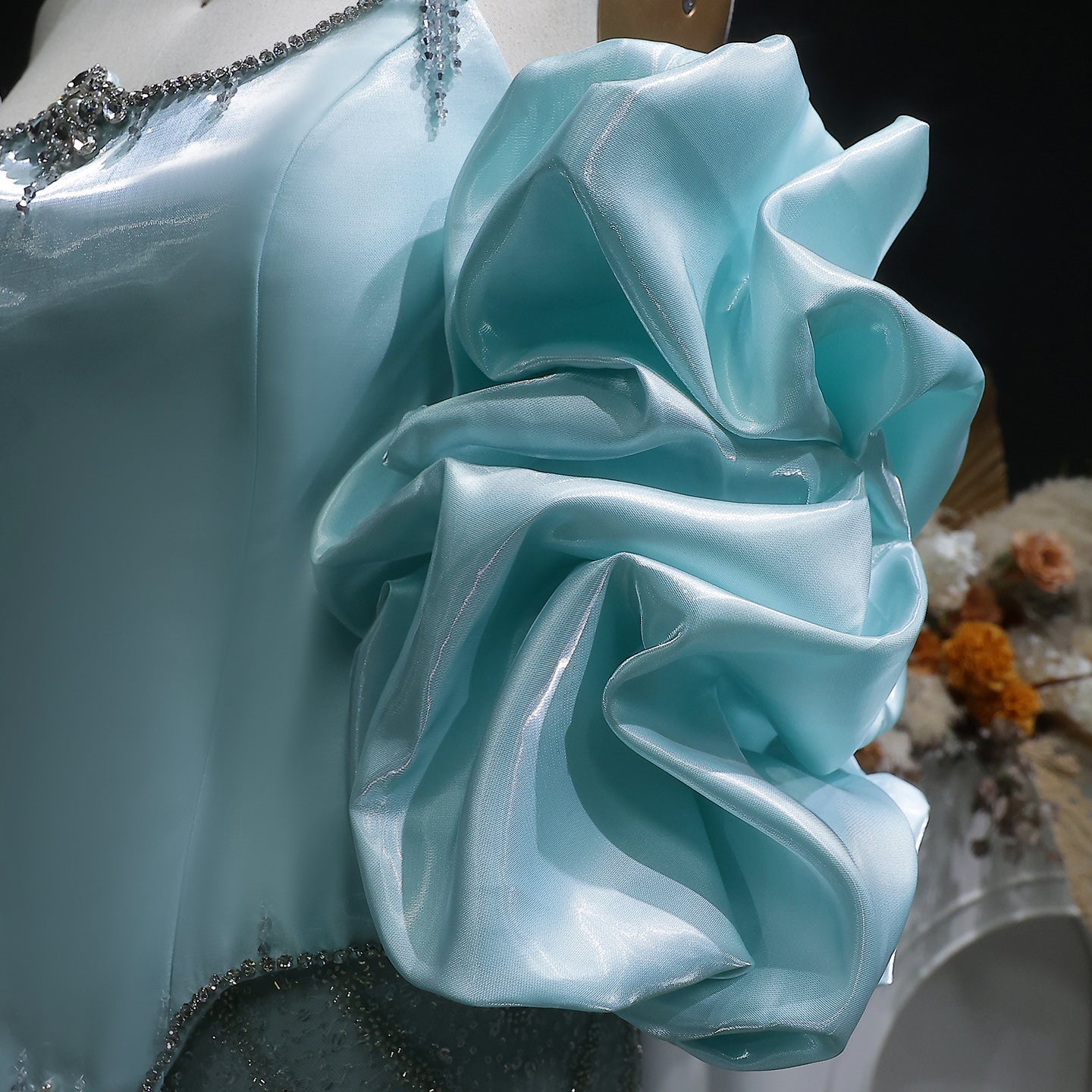Luxury Aqua Off-the-Shoulder Mermaid Evening Gown with Ruffle Sleeves SS501 Sheer Fairy