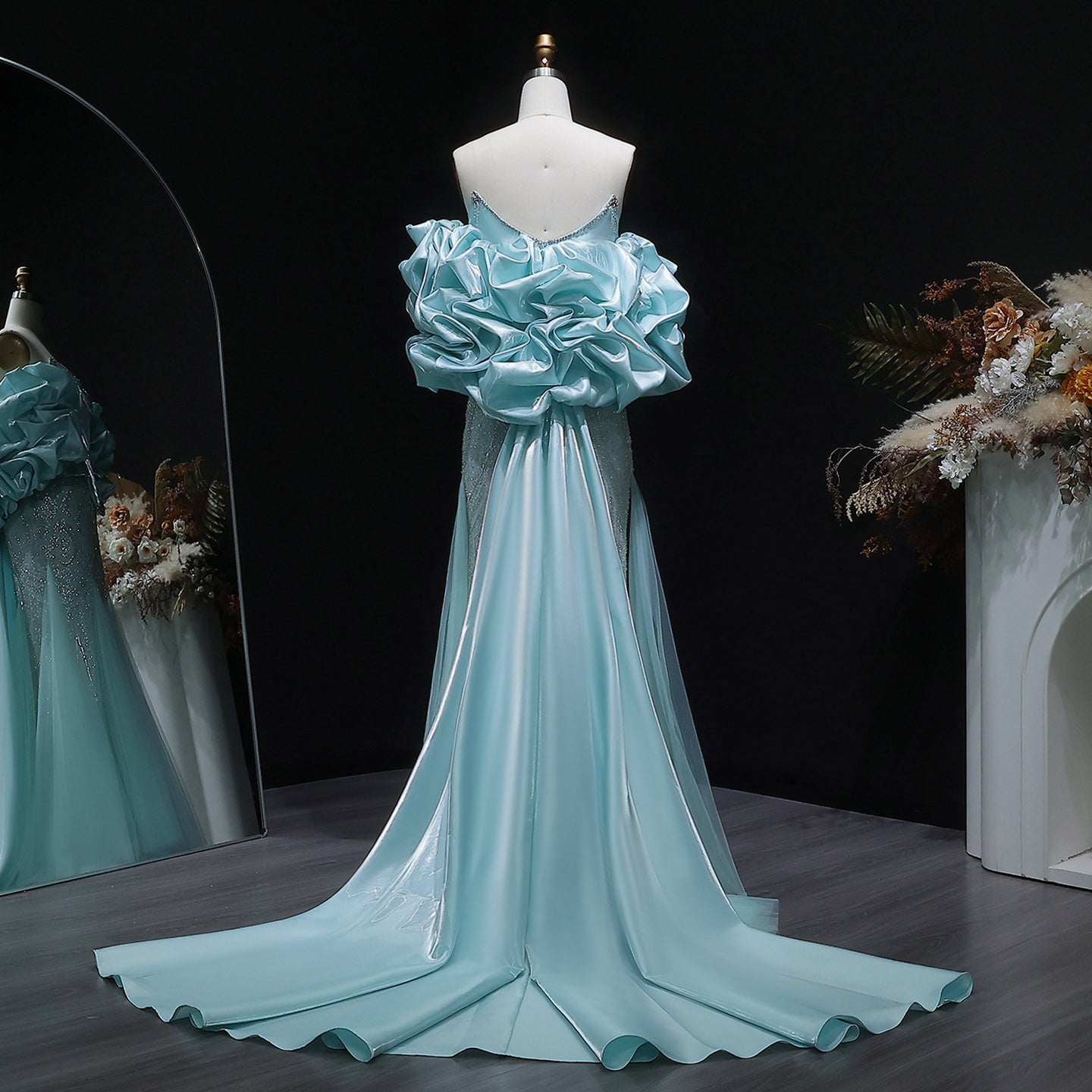 Luxury Aqua Off-the-Shoulder Mermaid Evening Gown with Ruffle Sleeves SS501 Sheer Fairy
