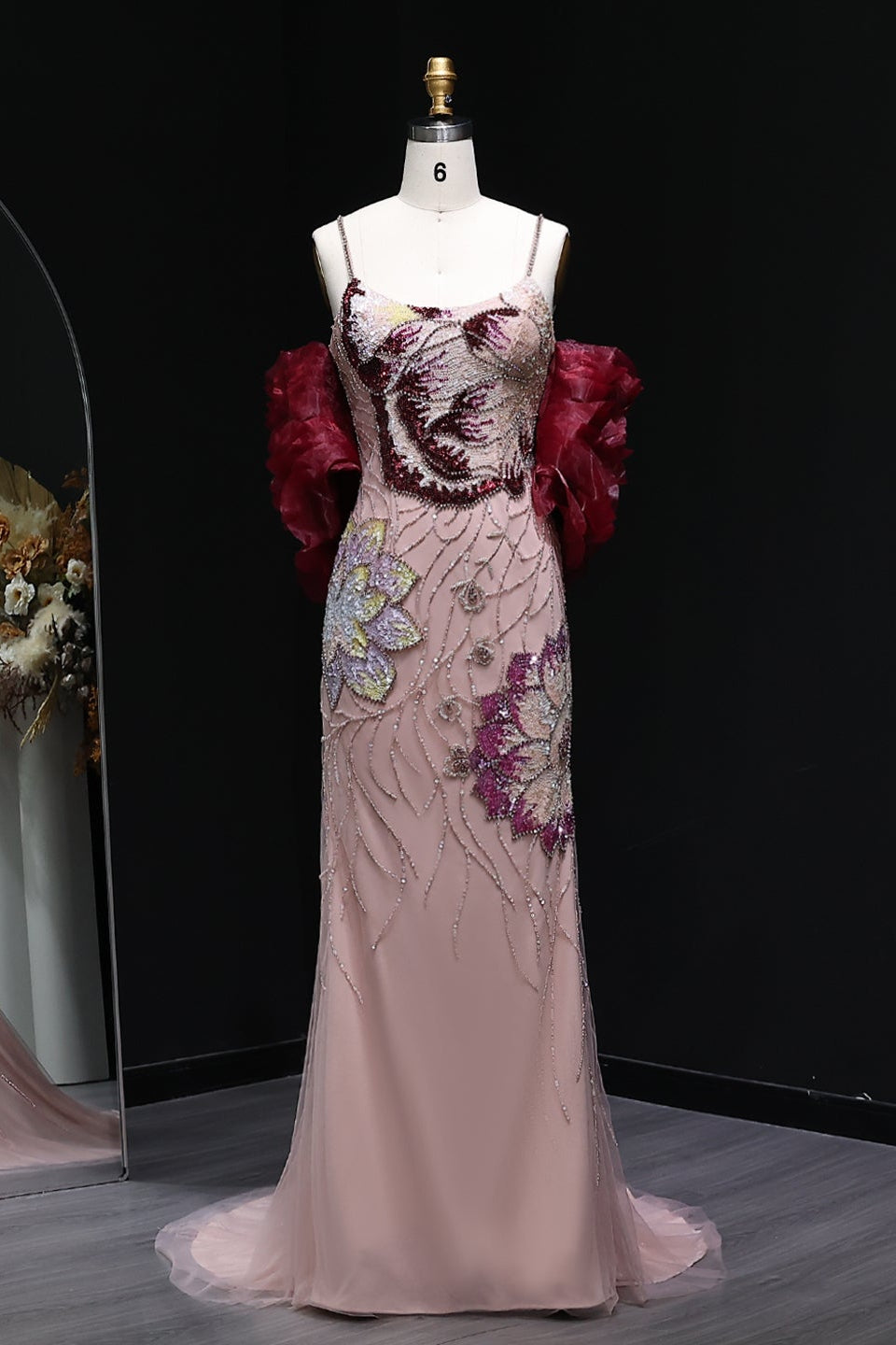 Luxury Pink Beaded Plunging Mermaid Evening Dress SS515