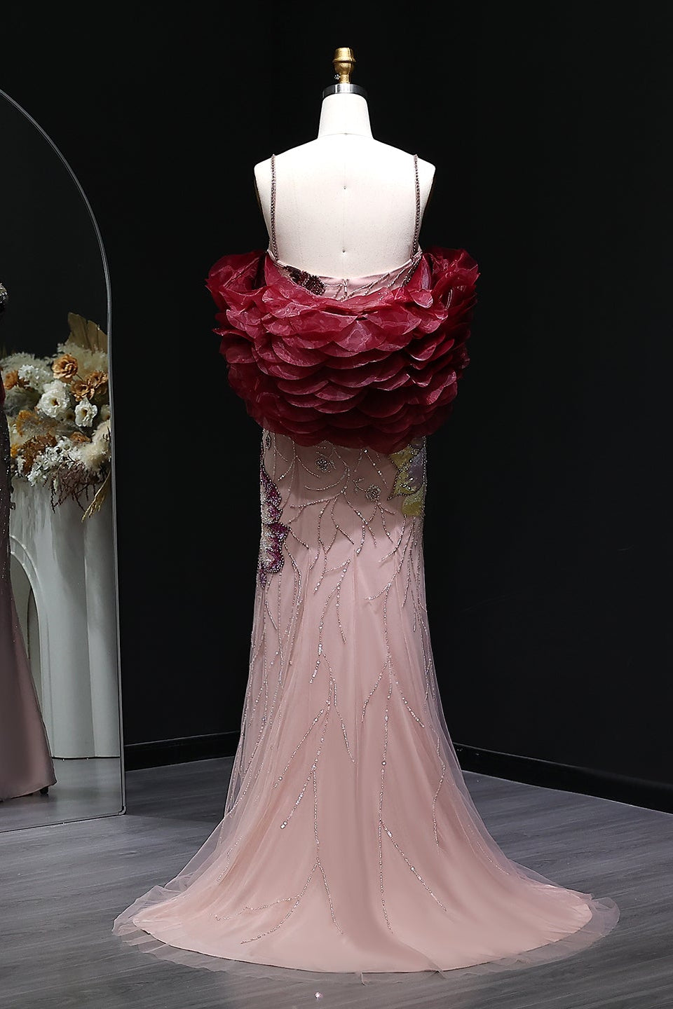 Luxury Pink Beaded Plunging Mermaid Evening Dress SS515