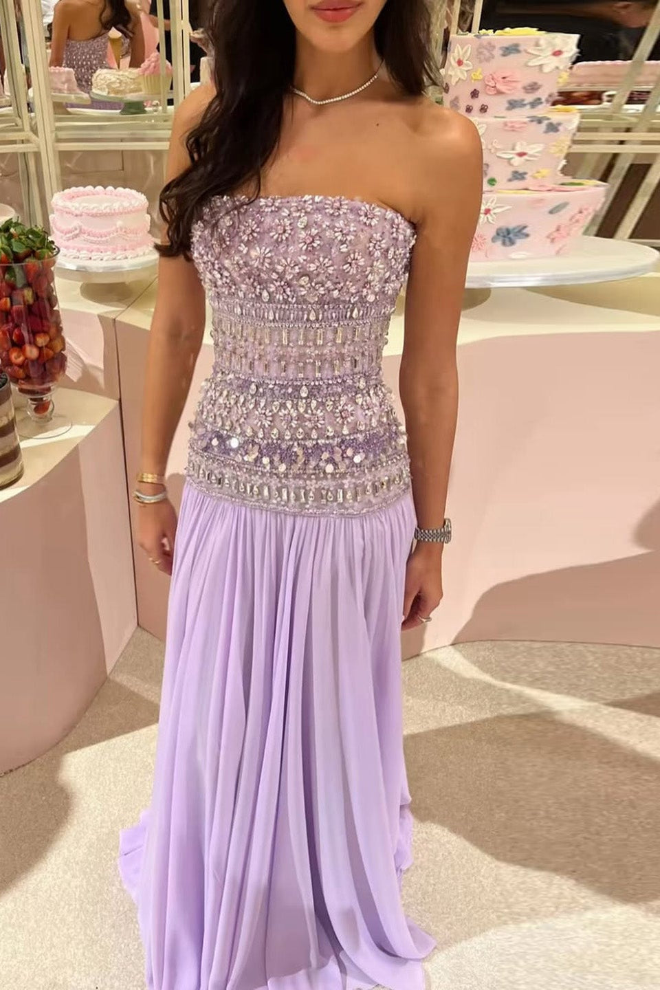 Beaded Chiffon A-Line Strapless Mermaid Evening Dress SS539