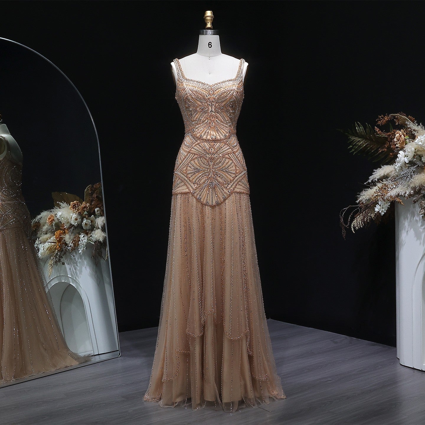Champagne Luxury Beaded Tulle Floor Length Evening Dress SS552 Sheer Fairy