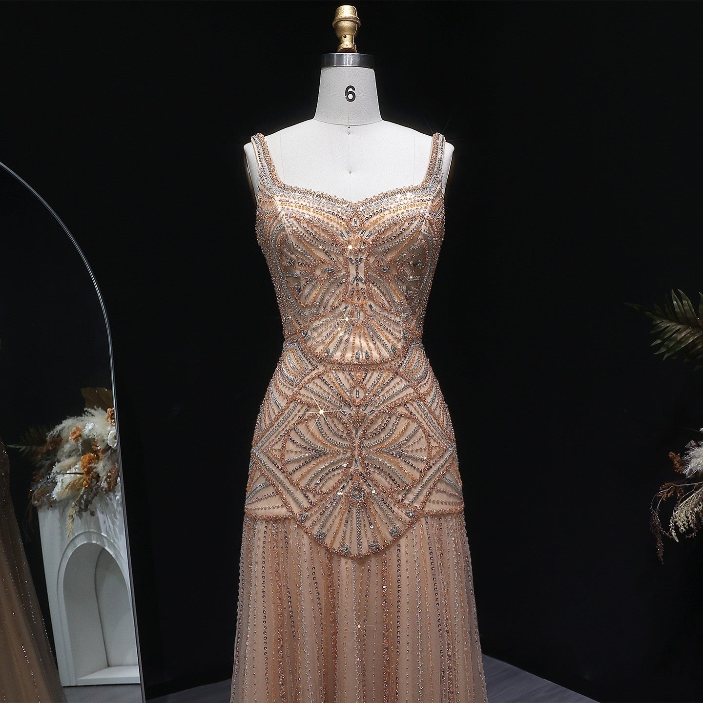 Champagne Luxury Beaded Tulle Floor Length Evening Dress SS552 Sheer Fairy