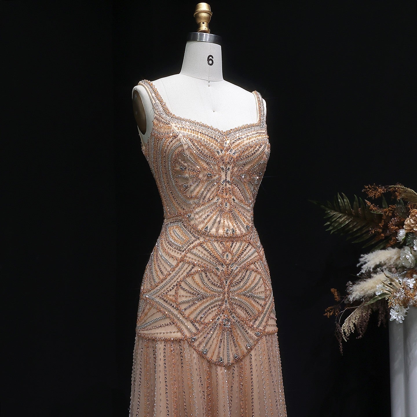 Champagne Luxury Beaded Tulle Floor Length Evening Dress SS552 Sheer Fairy