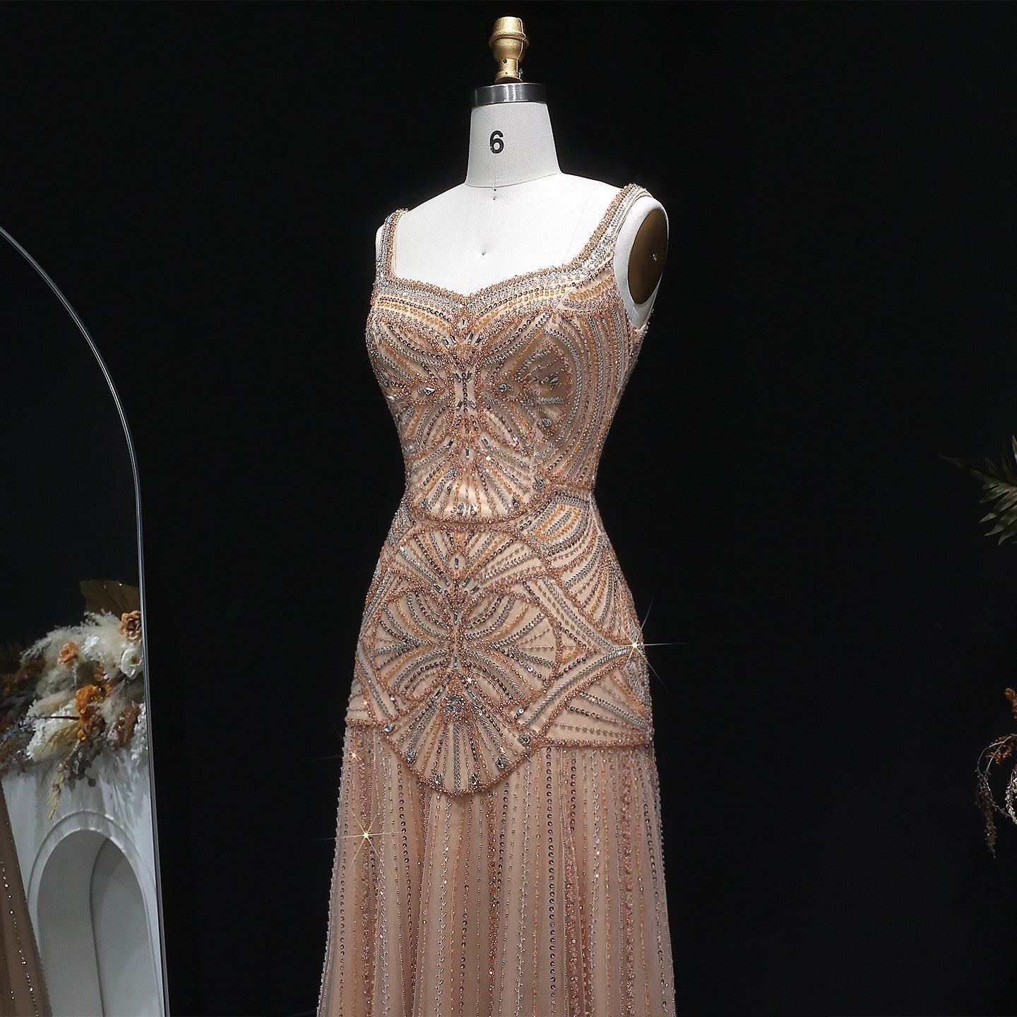 Champagne Luxury Beaded Tulle Floor Length Evening Dress SS552 Sheer Fairy
