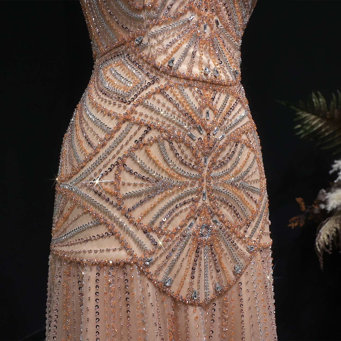 Champagne Luxury Beaded Tulle Floor Length Evening Dress SS552 Sheer Fairy