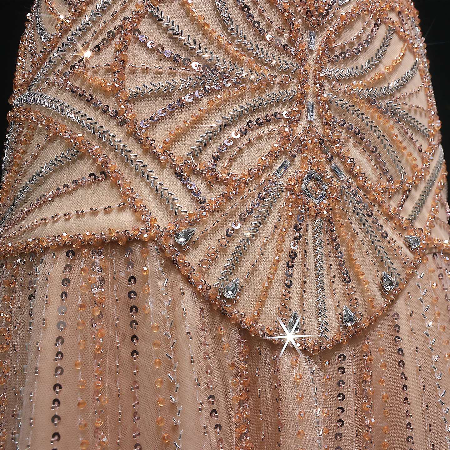 Champagne Luxury Beaded Tulle Floor Length Evening Dress SS552 Sheer Fairy