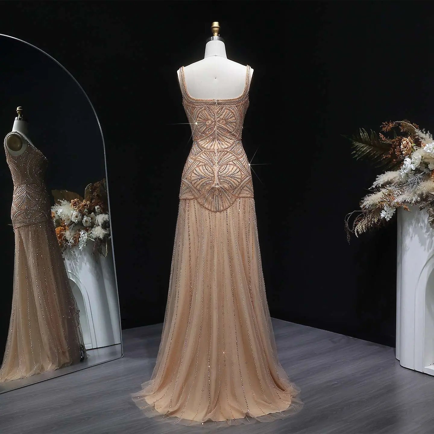 champagne beaded dress Champagne Luxury Beaded Tulle Floor Length Evening Dress SS552 – SHEER FAIRY