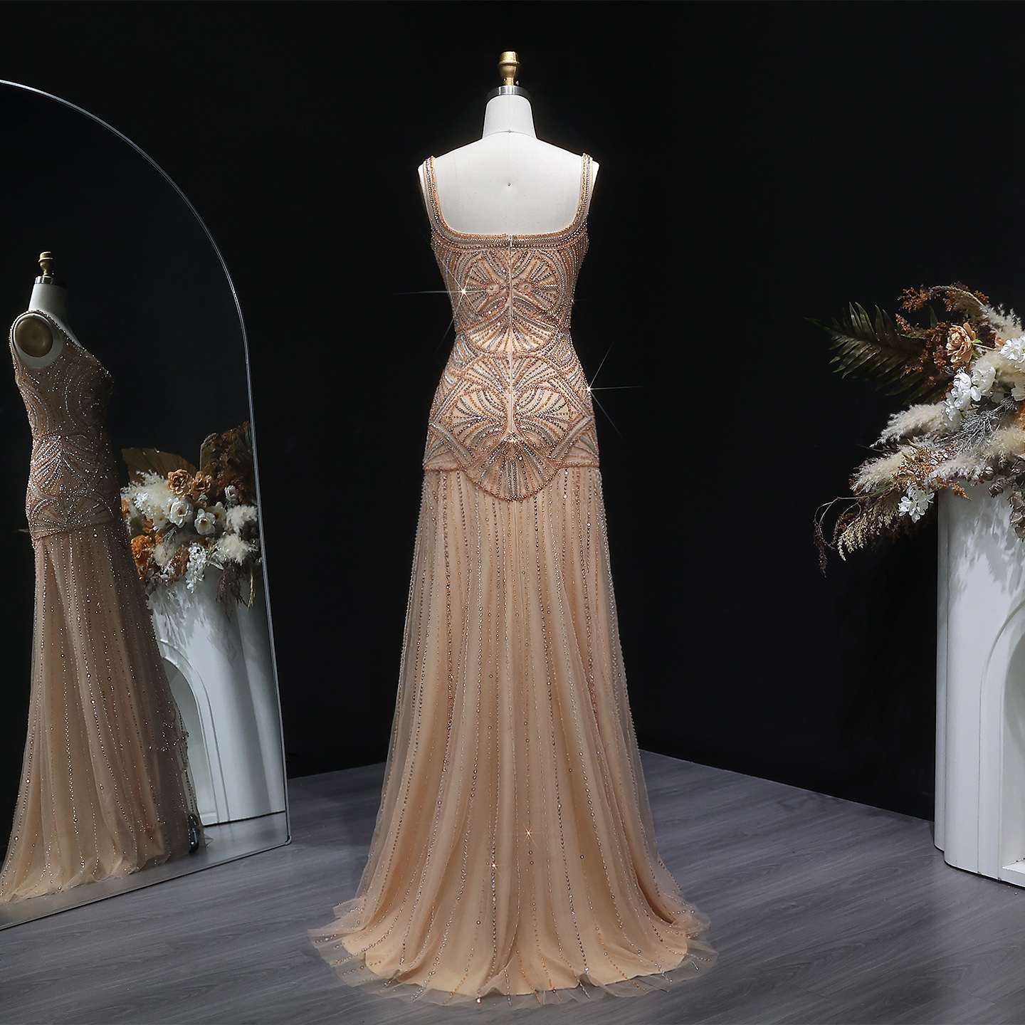 Champagne Luxury Beaded Tulle Floor Length Evening Dress SS552 Sheer Fairy