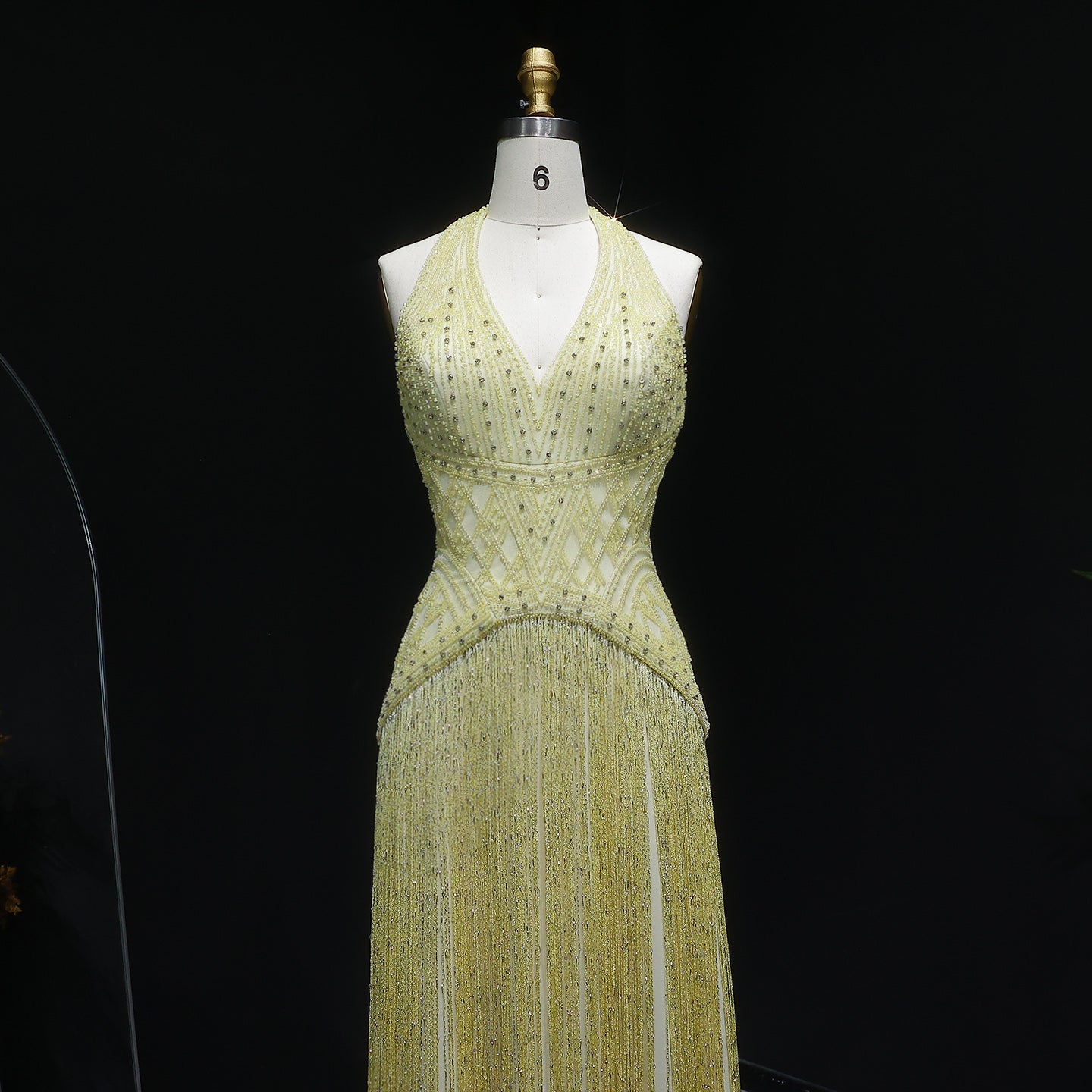 Yellow Beaded Halter Neck Fringe Mermaid Evening Gown with Open Back SS554 Sheer Fairy