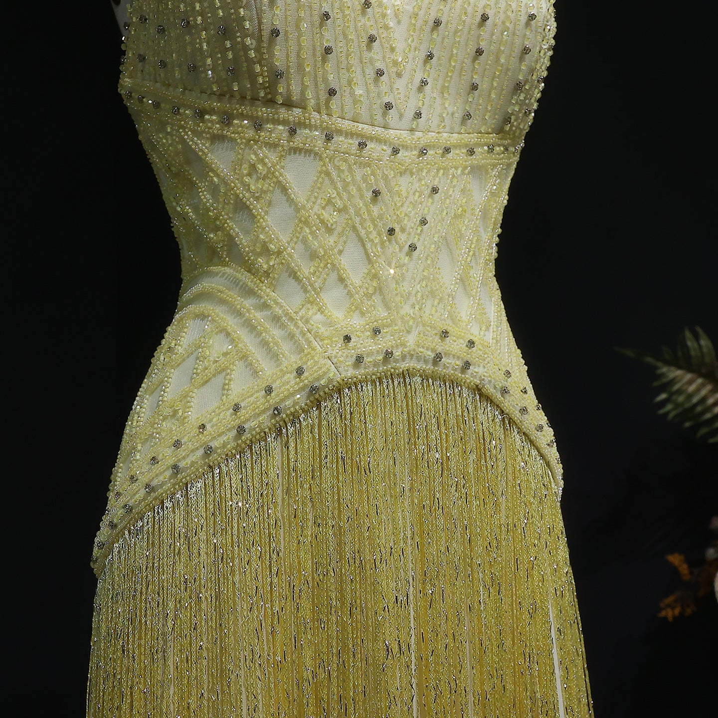 Yellow Beaded Halter Neck Fringe Mermaid Evening Gown with Open Back SS554 Sheer Fairy