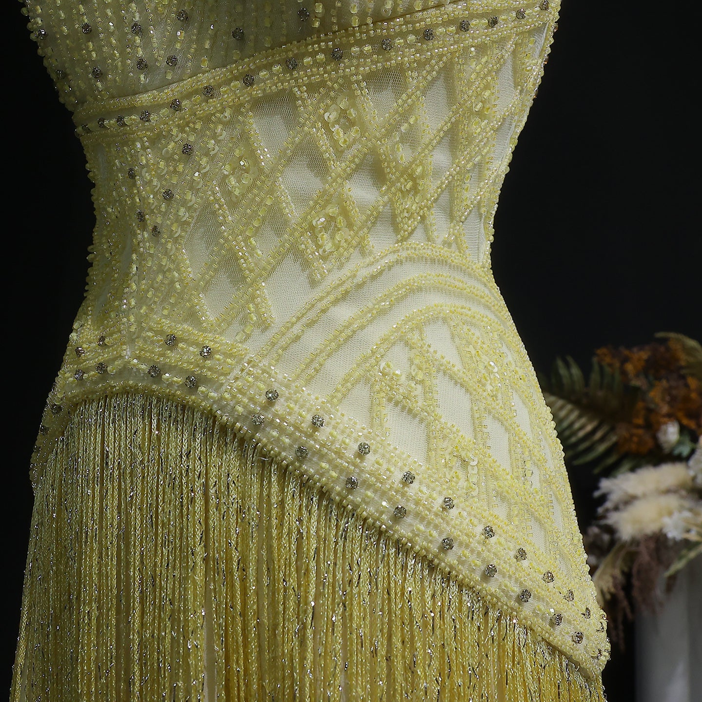 Yellow Beaded Halter Neck Fringe Mermaid Evening Gown with Open Back SS554 Sheer Fairy