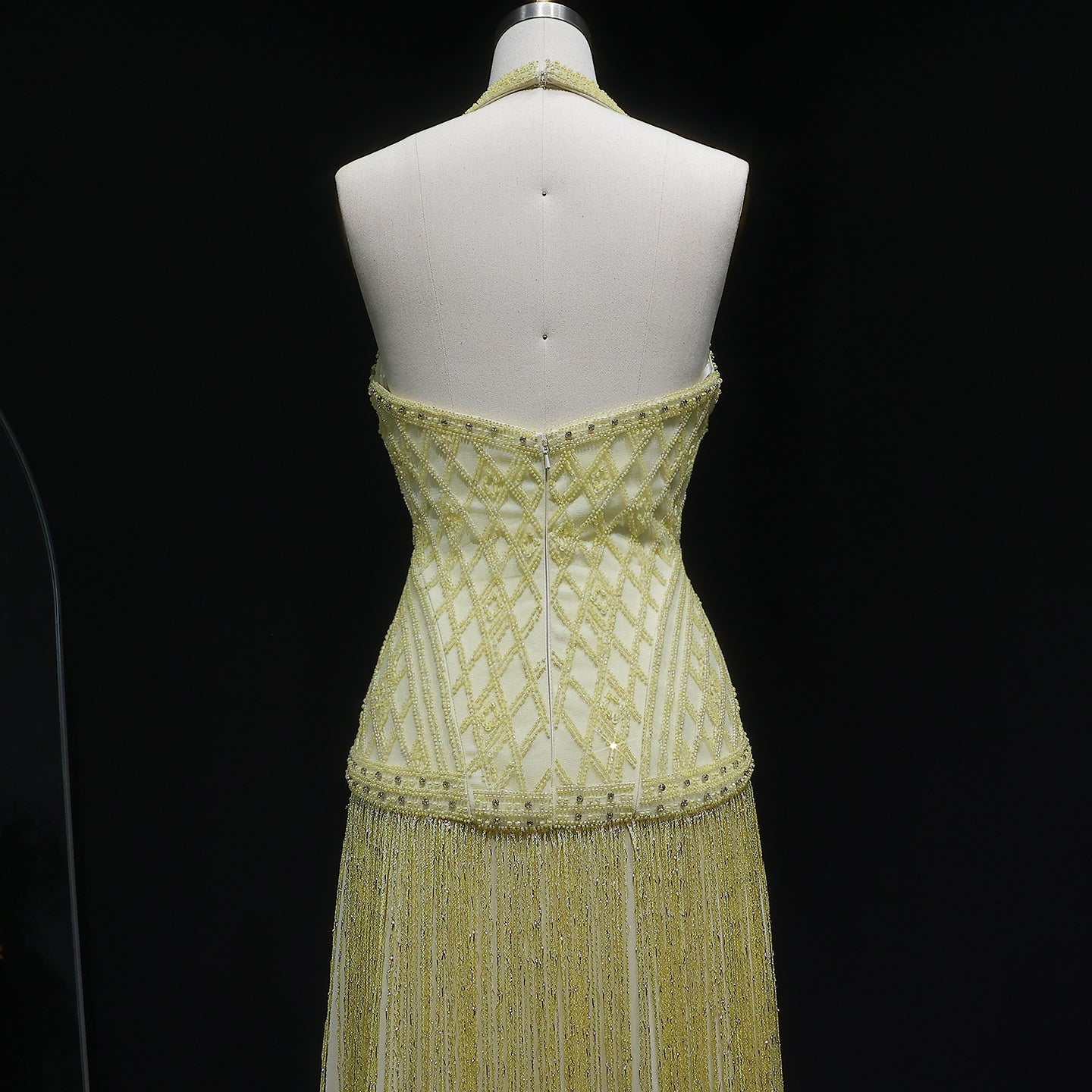 Yellow Beaded Halter Neck Fringe Mermaid Evening Gown with Open Back SS554 Sheer Fairy