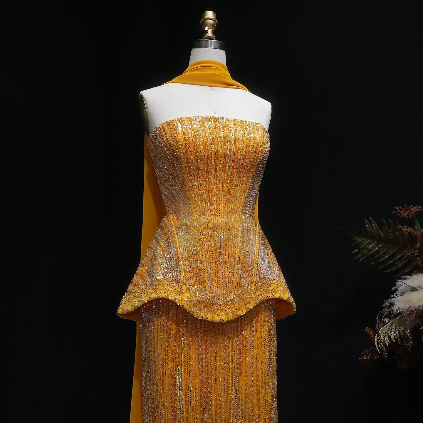 Luxury Purple Strapless Beaded Peplum Mermaid Evening Gown with Draped Scarf SS560 Sheer Fairy