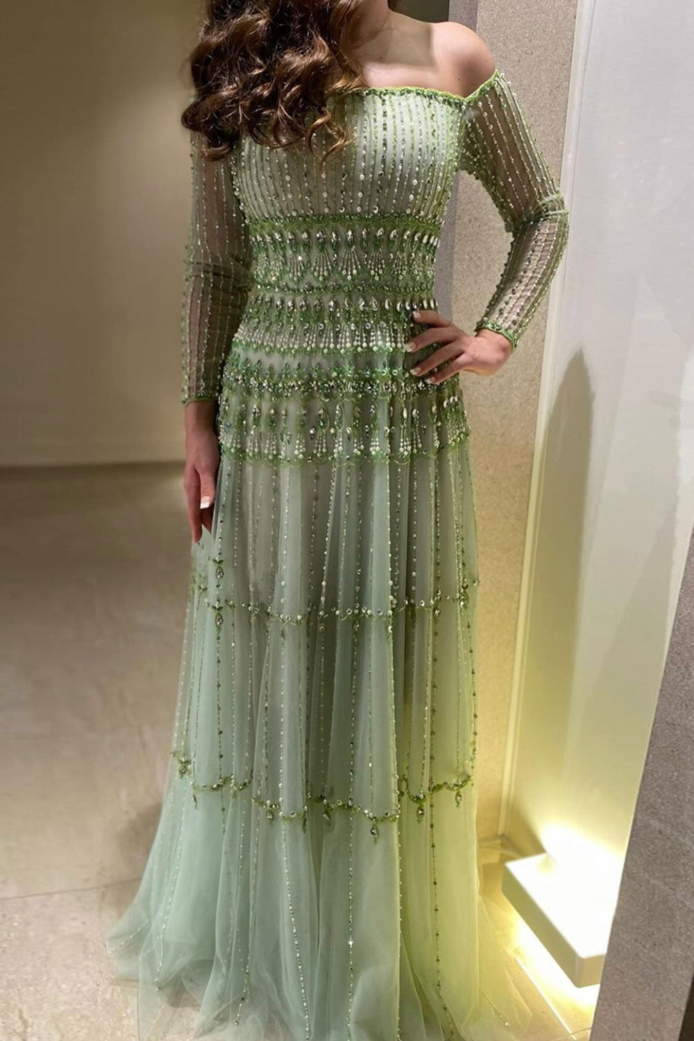 Green Off-Shoulder Long Sleeve Beaded A-Line Evening Dress SS588 Sheer Fairy