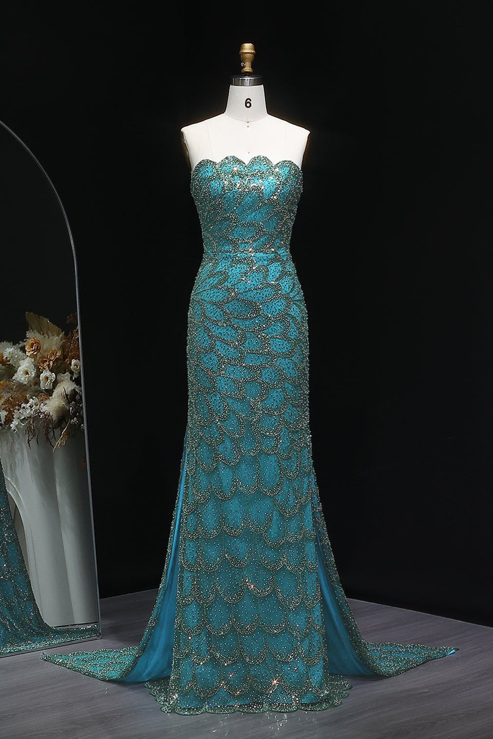 Teal Sequined Scalloped Strapless Mermaid Evening Dress SS601