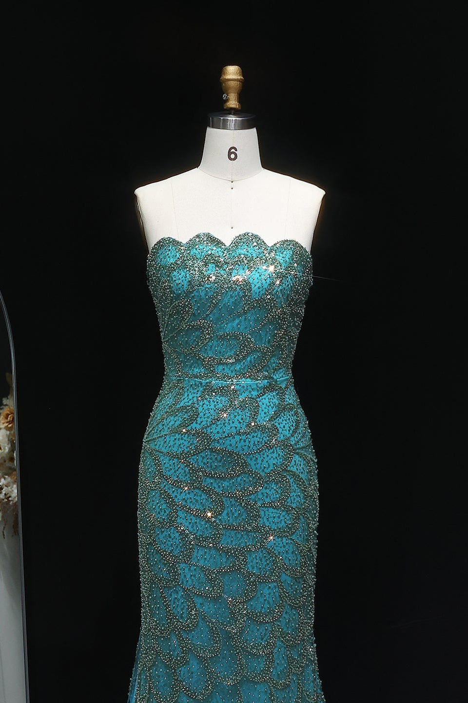 Teal Sequined Scalloped Strapless Mermaid Evening Dress SS601