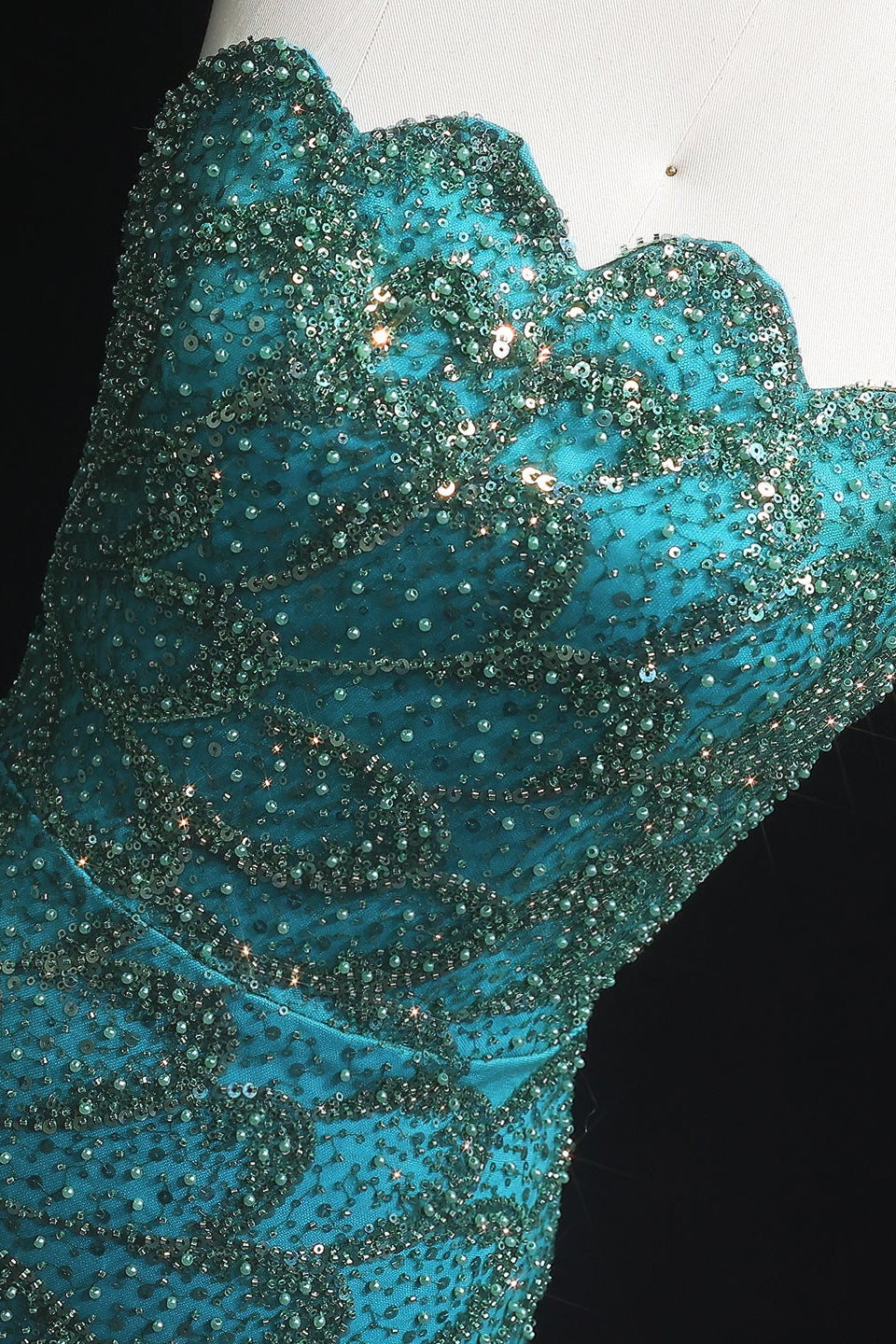 Teal Sequined Scalloped Strapless Mermaid Evening Dress SS601