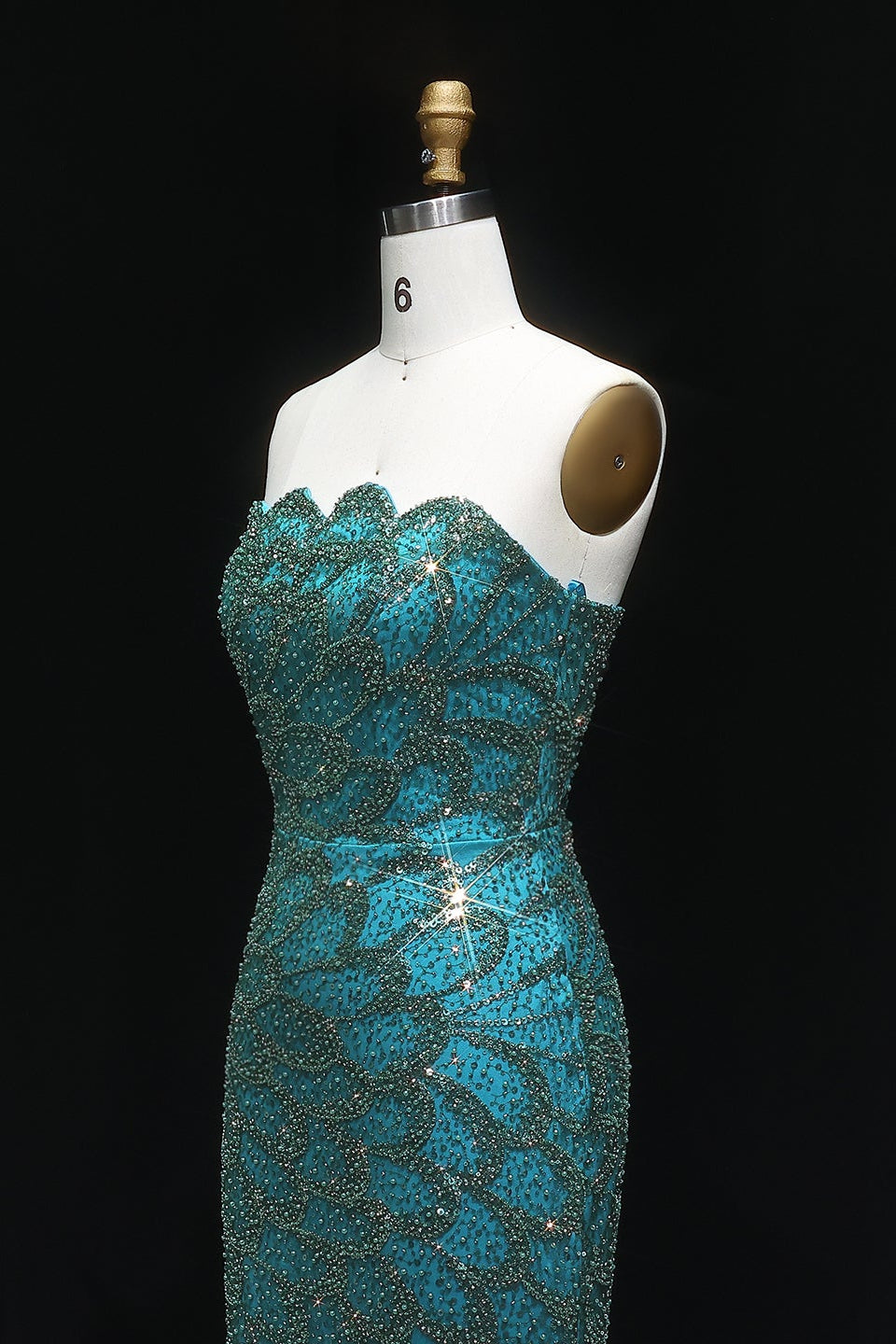 Teal Sequined Scalloped Strapless Mermaid Evening Dress SS601