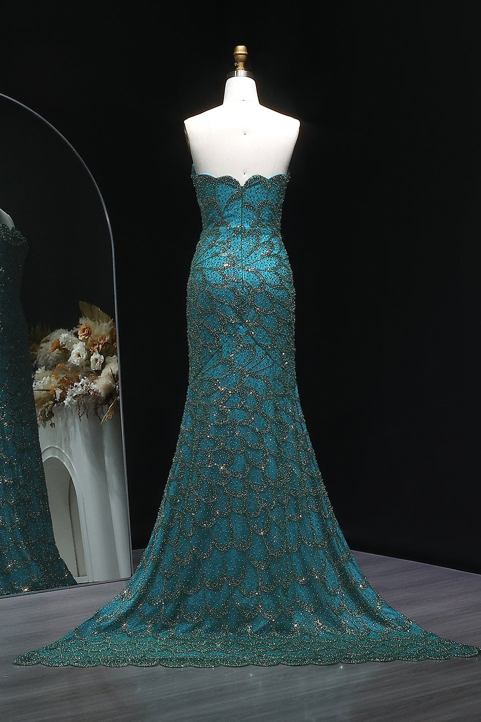 Teal Sequined Scalloped Strapless Mermaid Evening Dress SS601