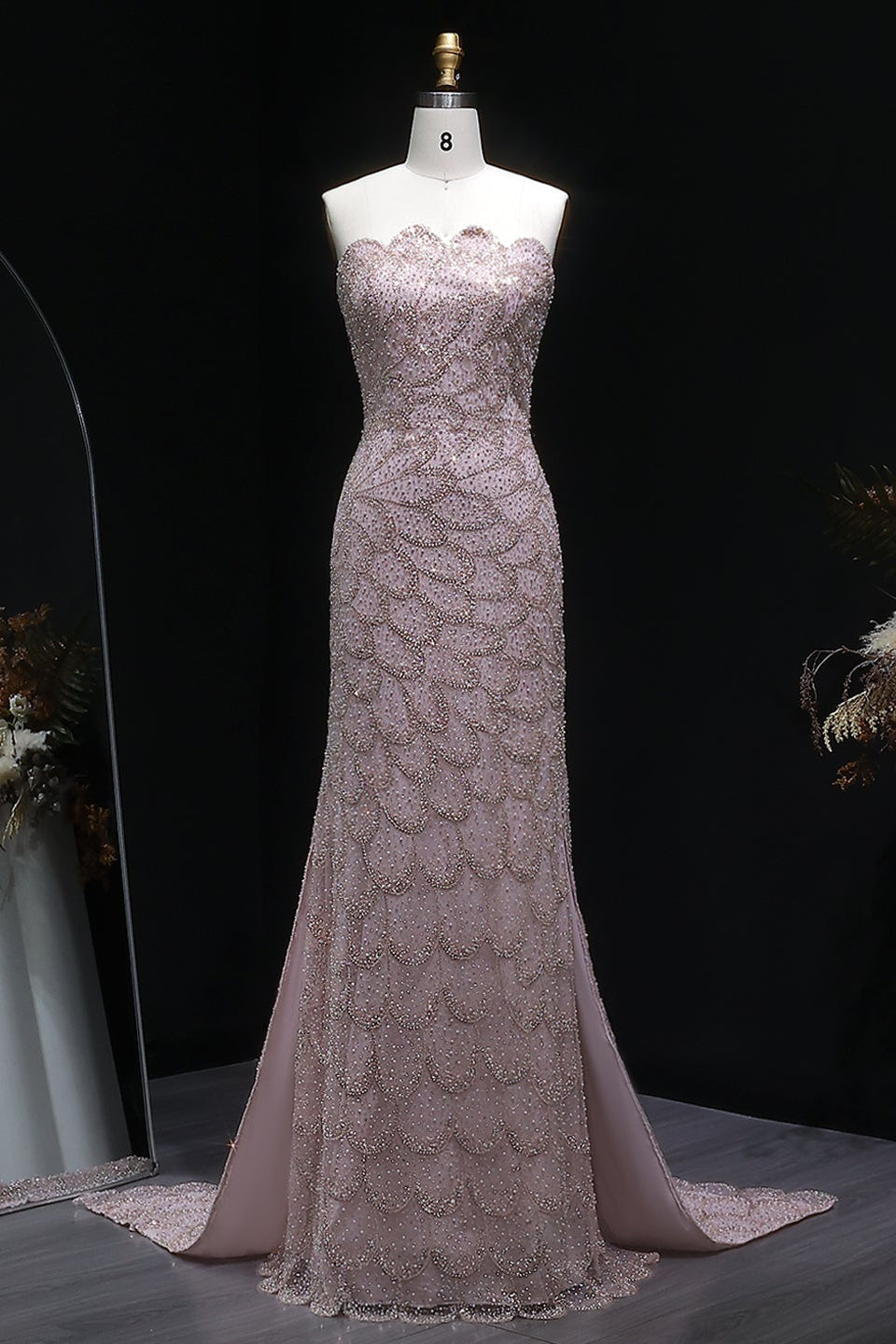 Teal Sequined Scalloped Strapless Mermaid Evening Dress SS601