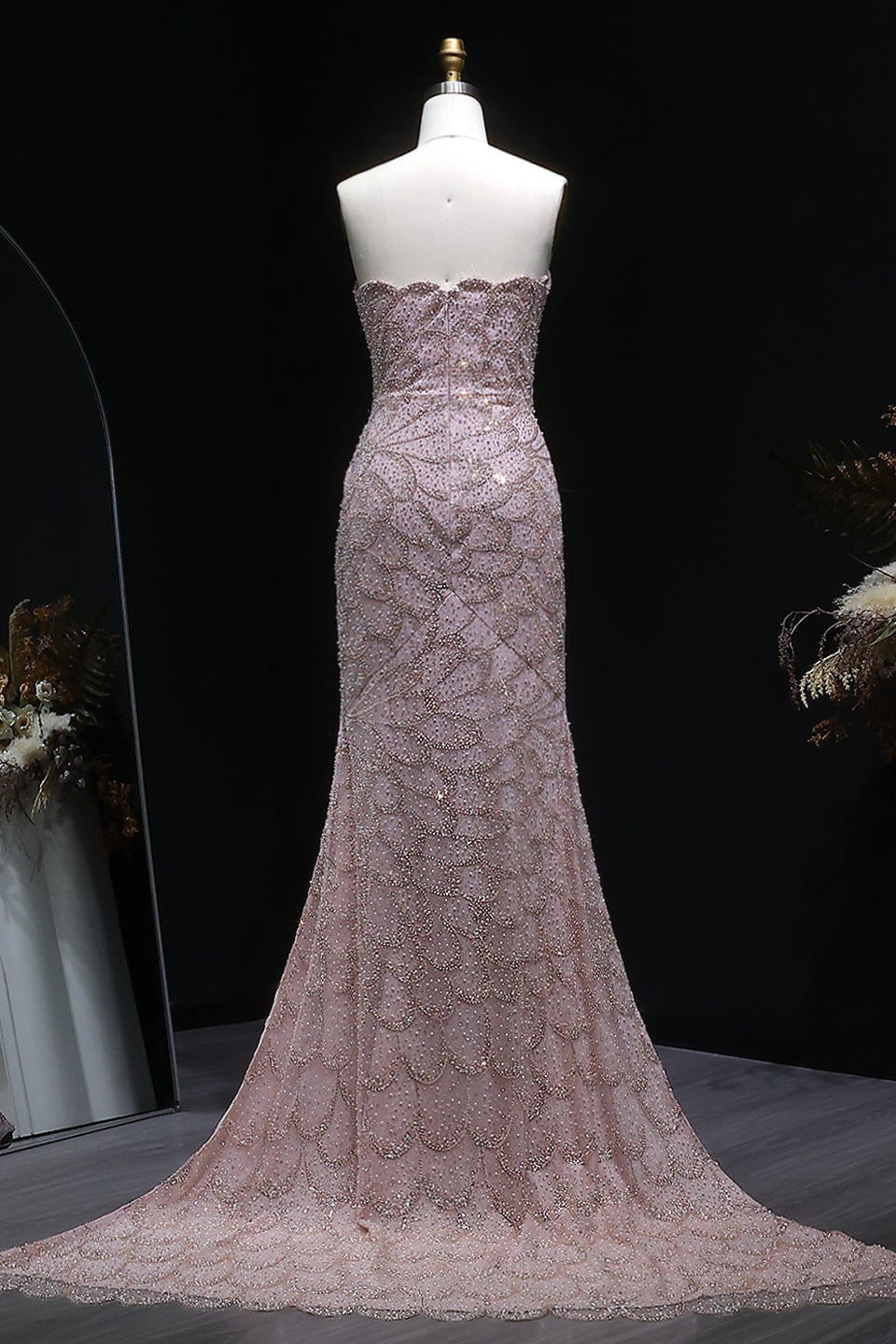 Teal Sequined Scalloped Strapless Mermaid Evening Dress SS601