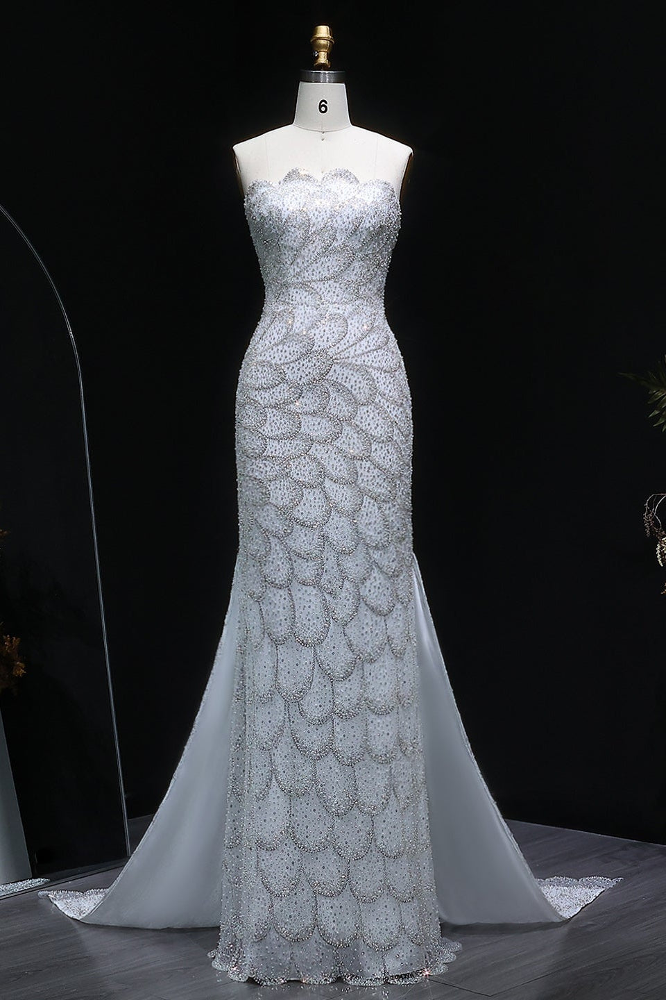 Teal Sequined Scalloped Strapless Mermaid Evening Dress SS601