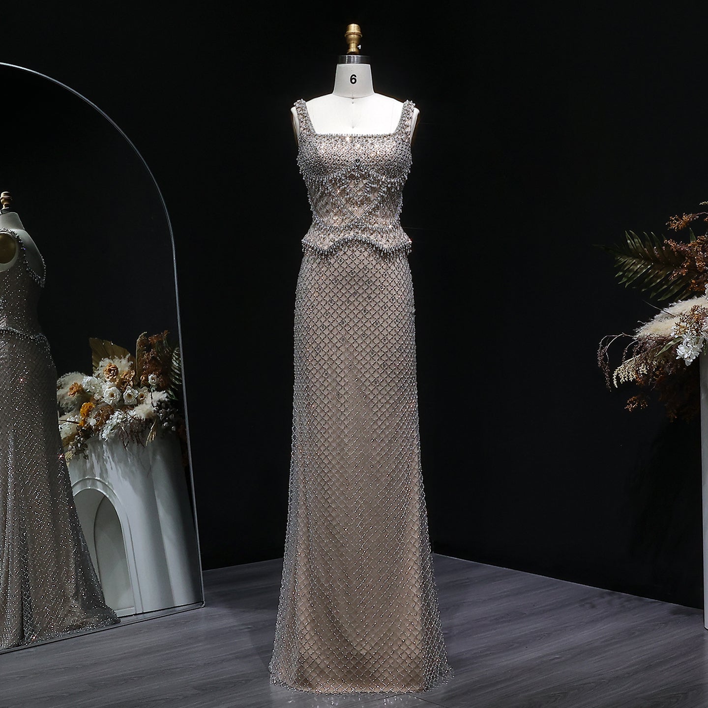 Square Neck Luxury Champagne Crystal Beaded Mermaid Evening Dress SS631 Sheer Fairy
